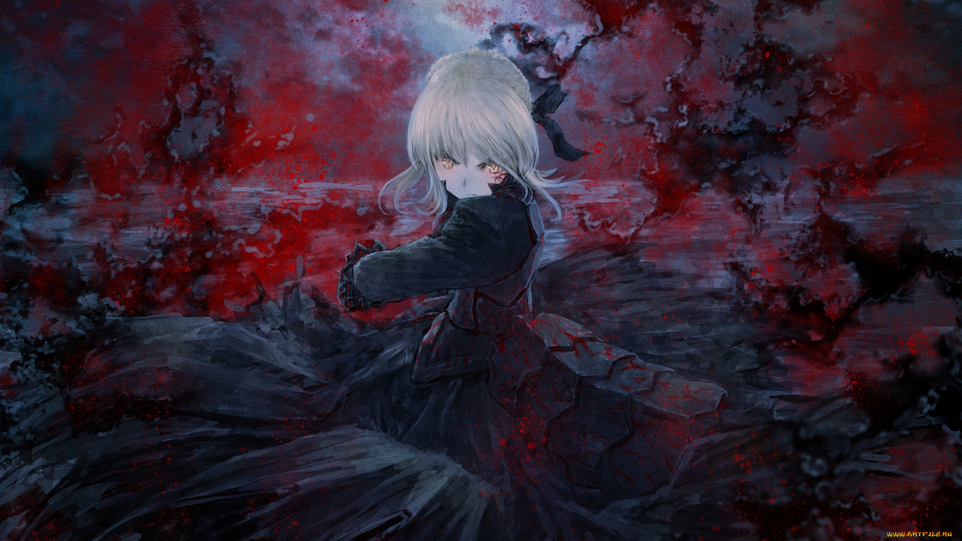 аниме, fate, stay, night, брызги, кровь, доспехи, меч, воин, девушка, saber