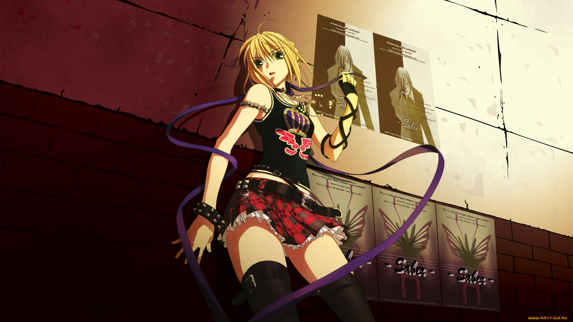 аниме, fate, stay, night, топик, юбка, стена, цепь, плакат, музыкант, рок, звезда, девушка, saber, kikuchi, youko, лента, бусы, чулки, ремень