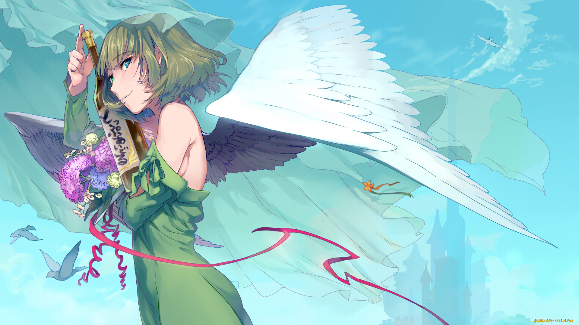 аниме, idolm@ster, сакэ, крылья, ангел, девушка, nemeko, платье, птицы, цветы, ленты, бутылка, takagaki, kaede, cinderella