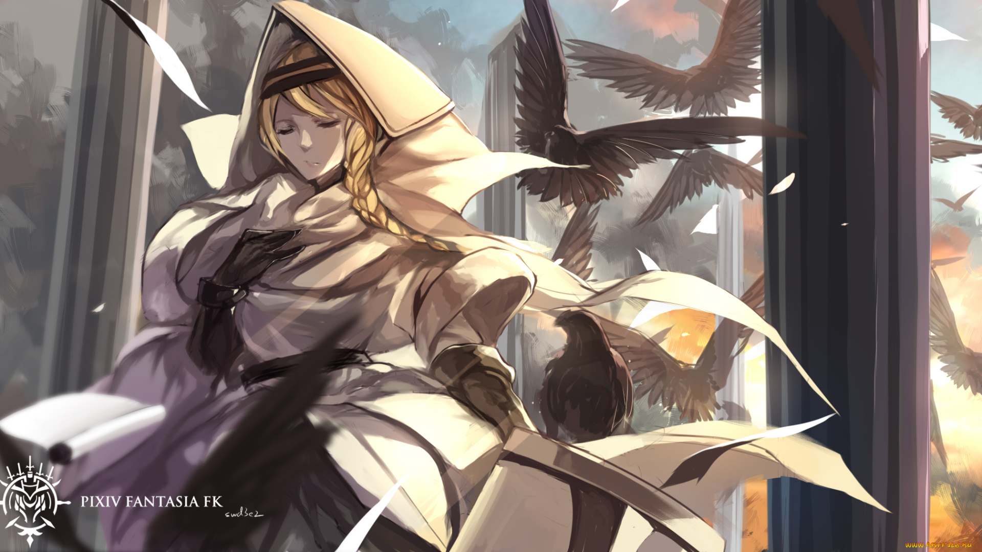 аниме, pixiv, fantasia, колонны, ворона, птицы, fallen, kings, swd3e2, девушка