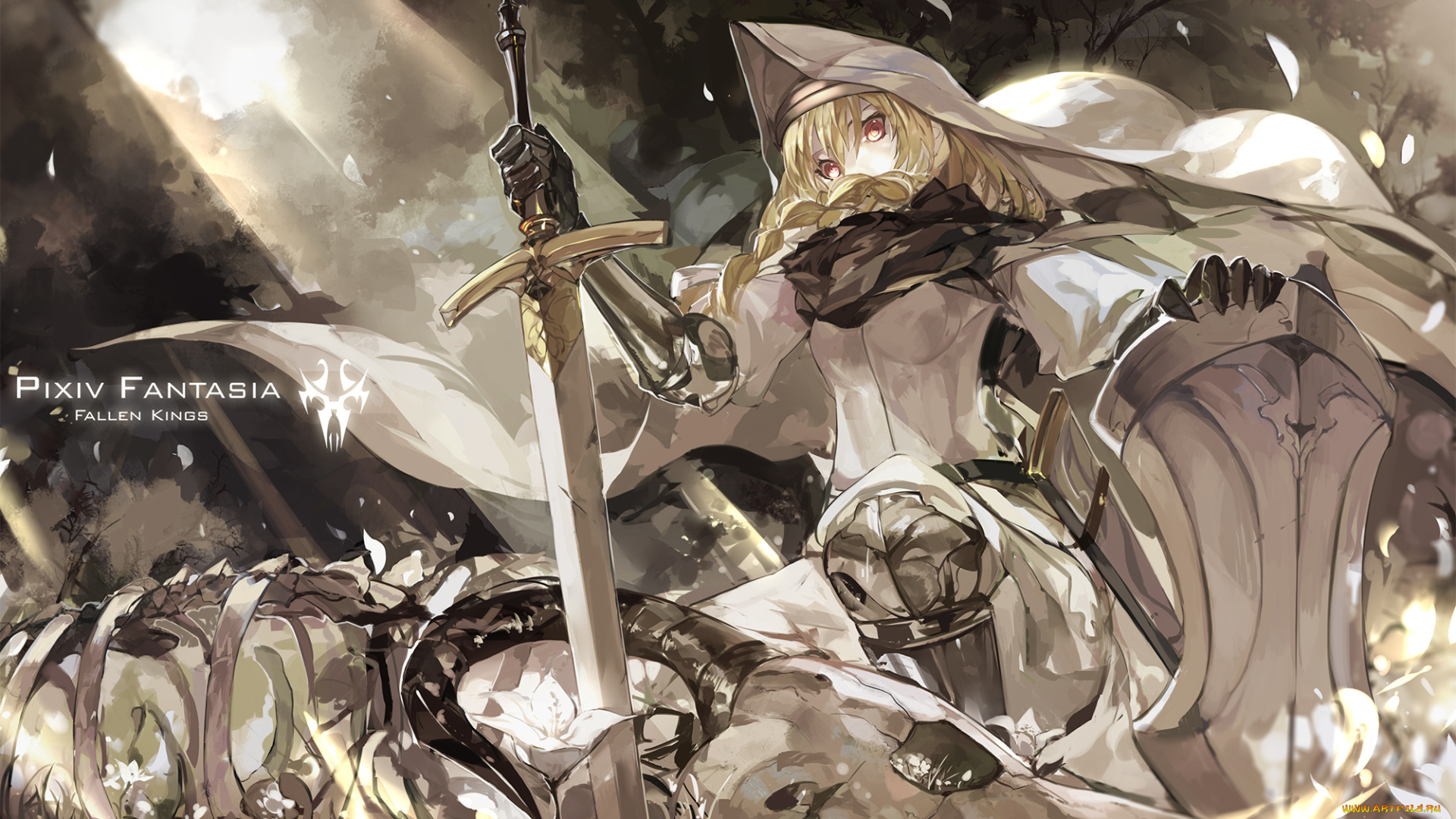 аниме, pixiv, fantasia, щит, fallen, kings, меч, воин, девушка, saberiii, броня, кости, скелет