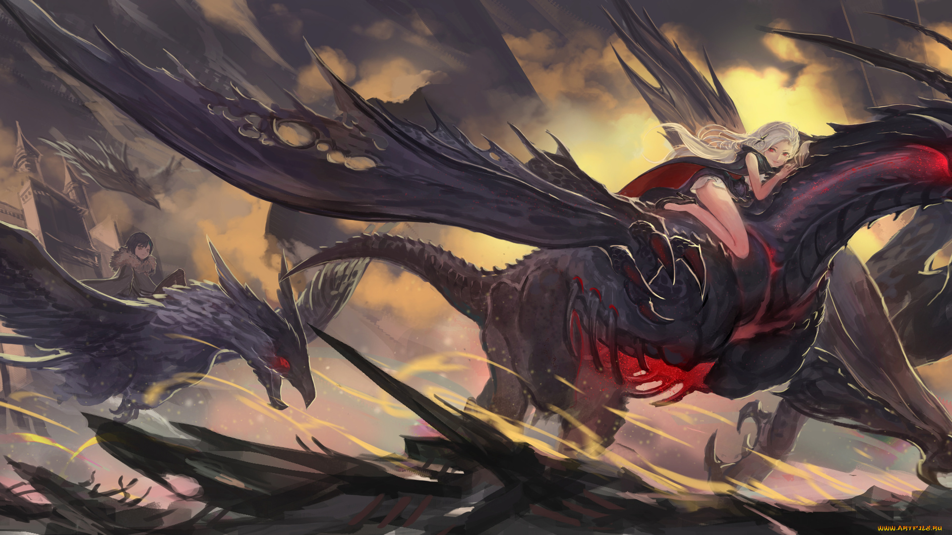 аниме, pixiv, fantasia, существа, замок, демон, fallen, kings, quaanqin, девушки, драконы