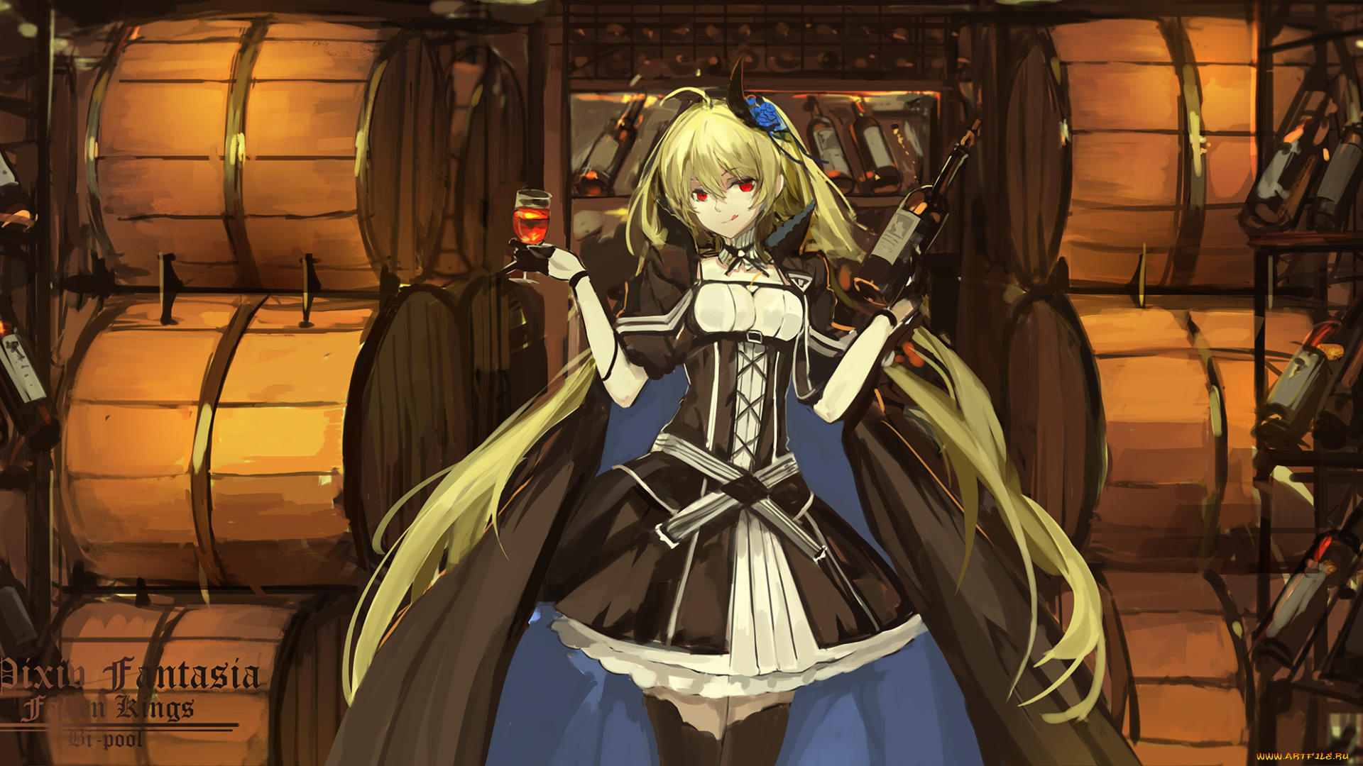 аниме, pixiv, fantasia, вино, бочка, бутылка, fallen, kings, бокал, сомелье, девушка, винный, погреб, saberiii, armeechef