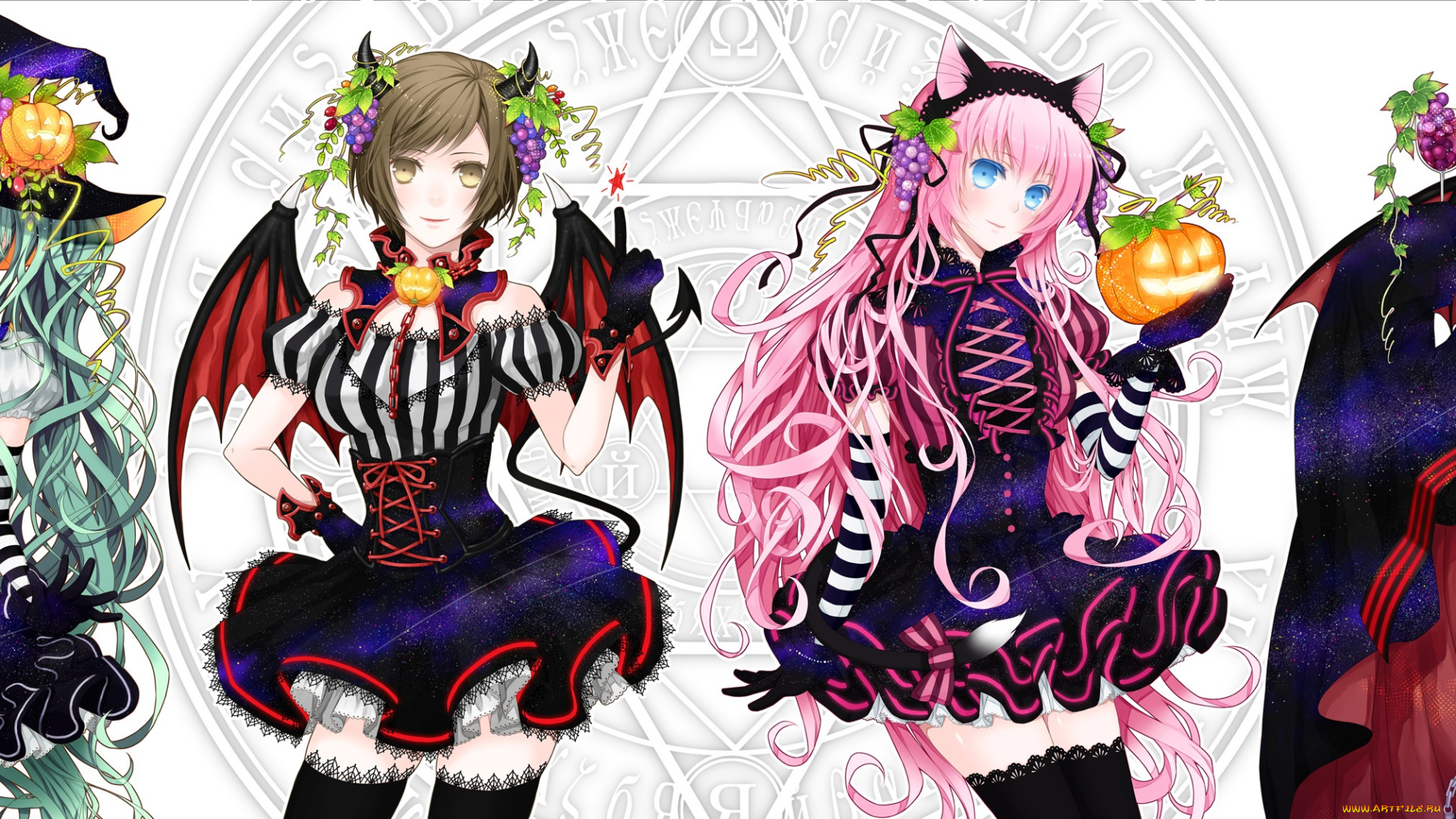 аниме, vocaloid, kaito, meiko, парень, хеллоуин, hatsune, miku, виноград, megurine, luka, шляпа, костюмы, тыква, девушки