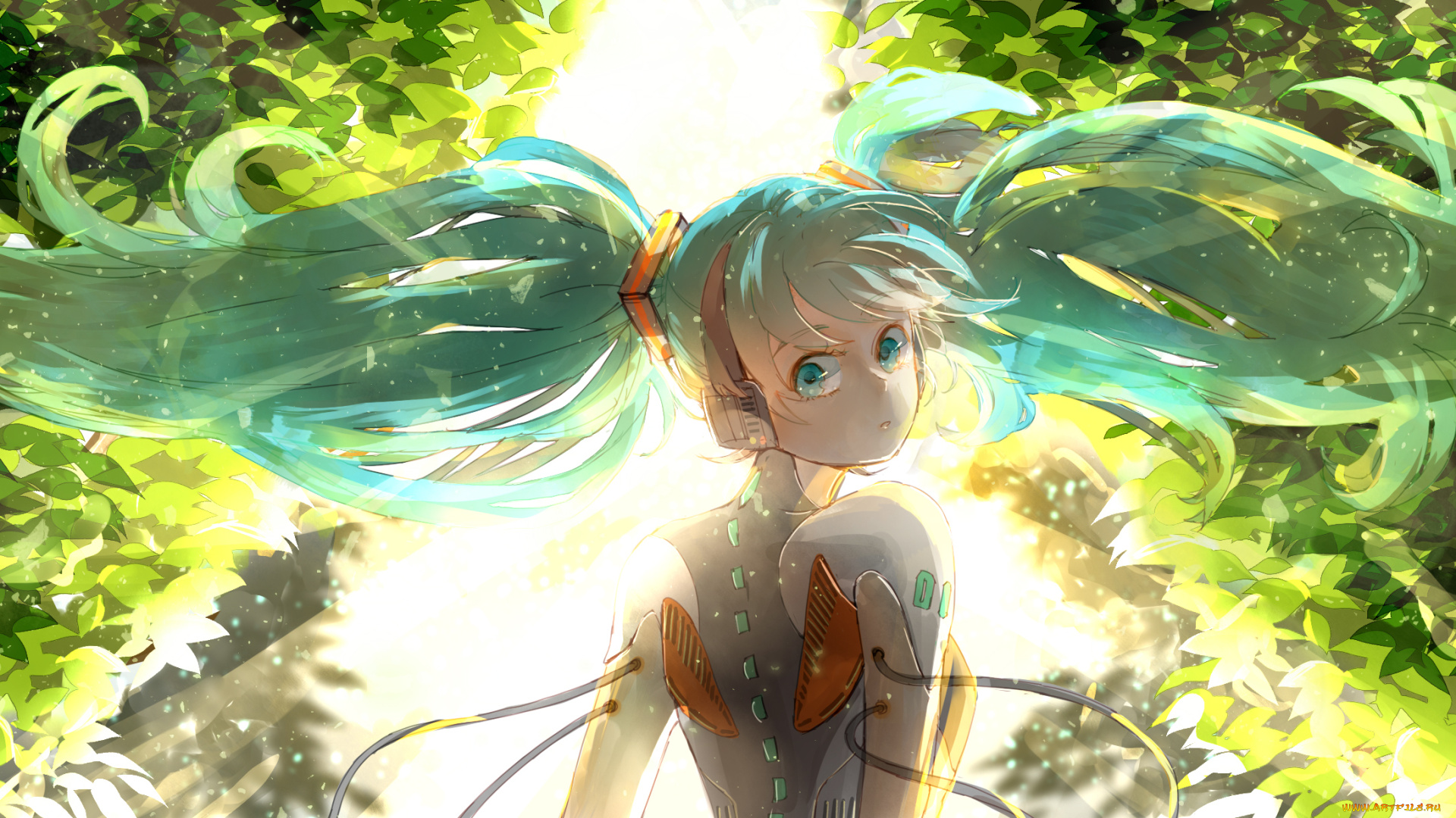 аниме, vocaloid, зелень, лес, провода, наушники, девушка, scbaby, 58, hatsune, miku, крылья