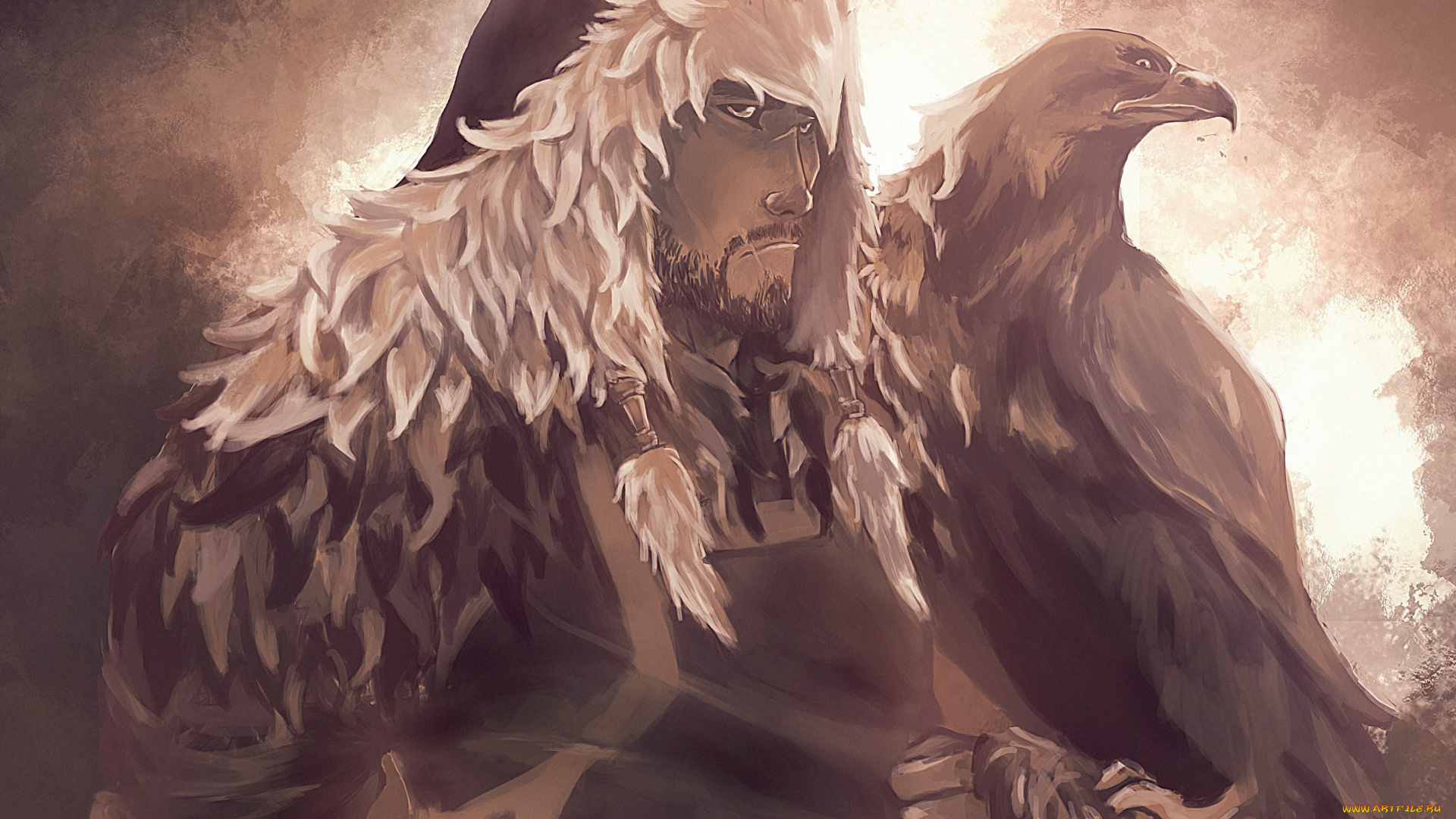 фэнтези, люди, азиат, воин, птица, хищник, кочевник