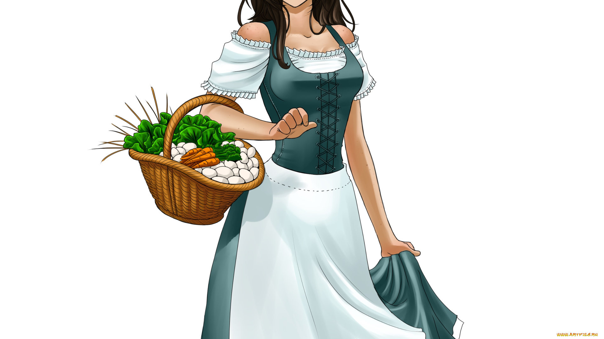 рисованные, люди, морковь, девушка, взгляд, фон, картошка, корзина