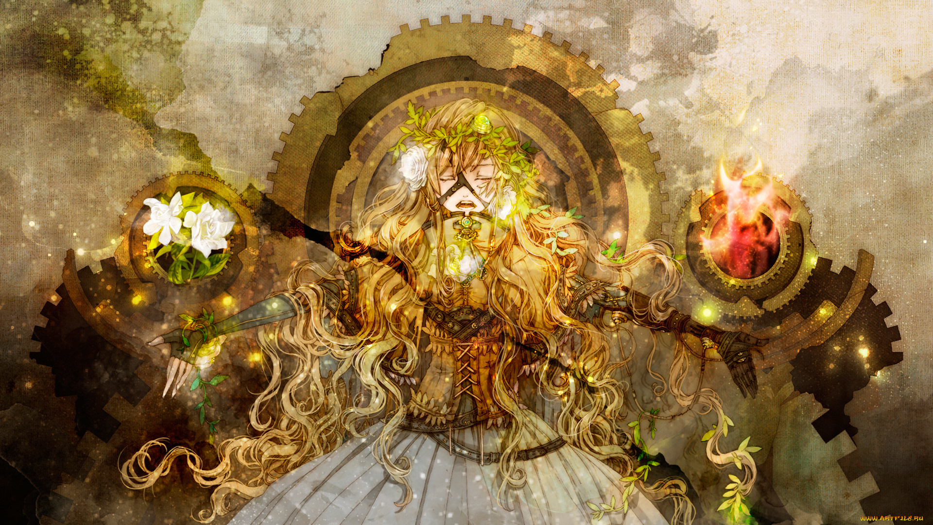 аниме, *unknown, , другое, yukiko, hotori, nico, singer, пение, платье, шестеренки, девушка, перчатки, повязка, корсет, цветы