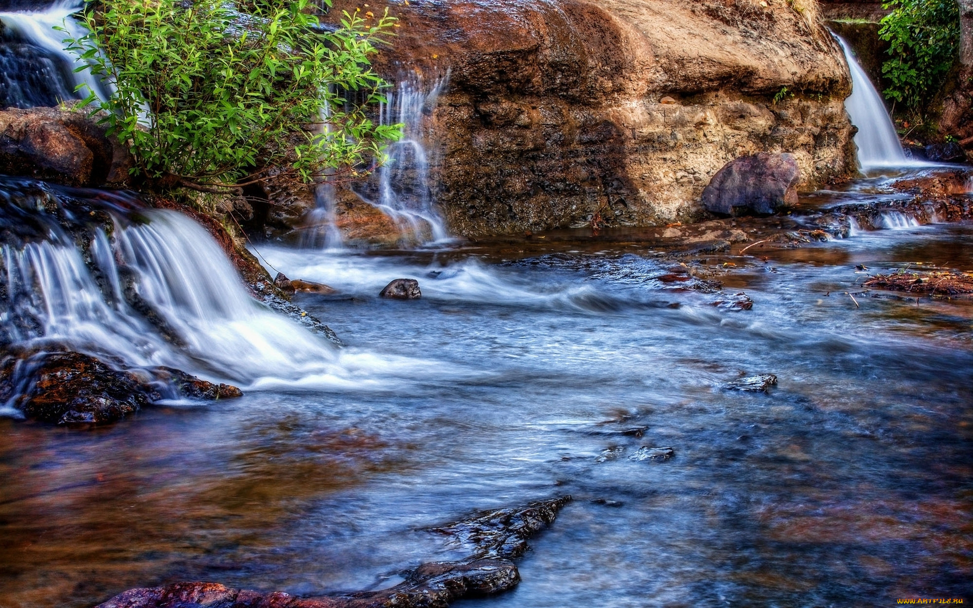 природа, водопады, поток, скала