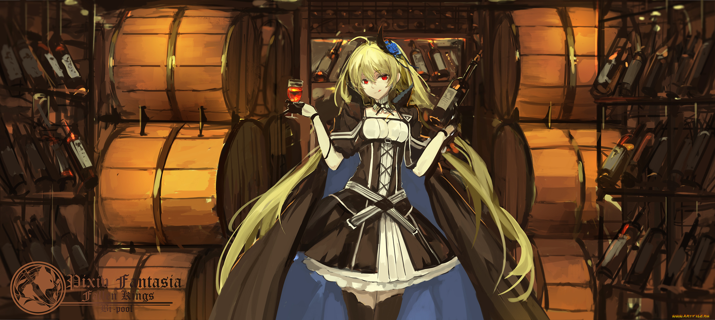 аниме, pixiv, fantasia, вино, бочка, бутылка, fallen, kings, бокал, сомелье, девушка, винный, погреб, saberiii, armeechef