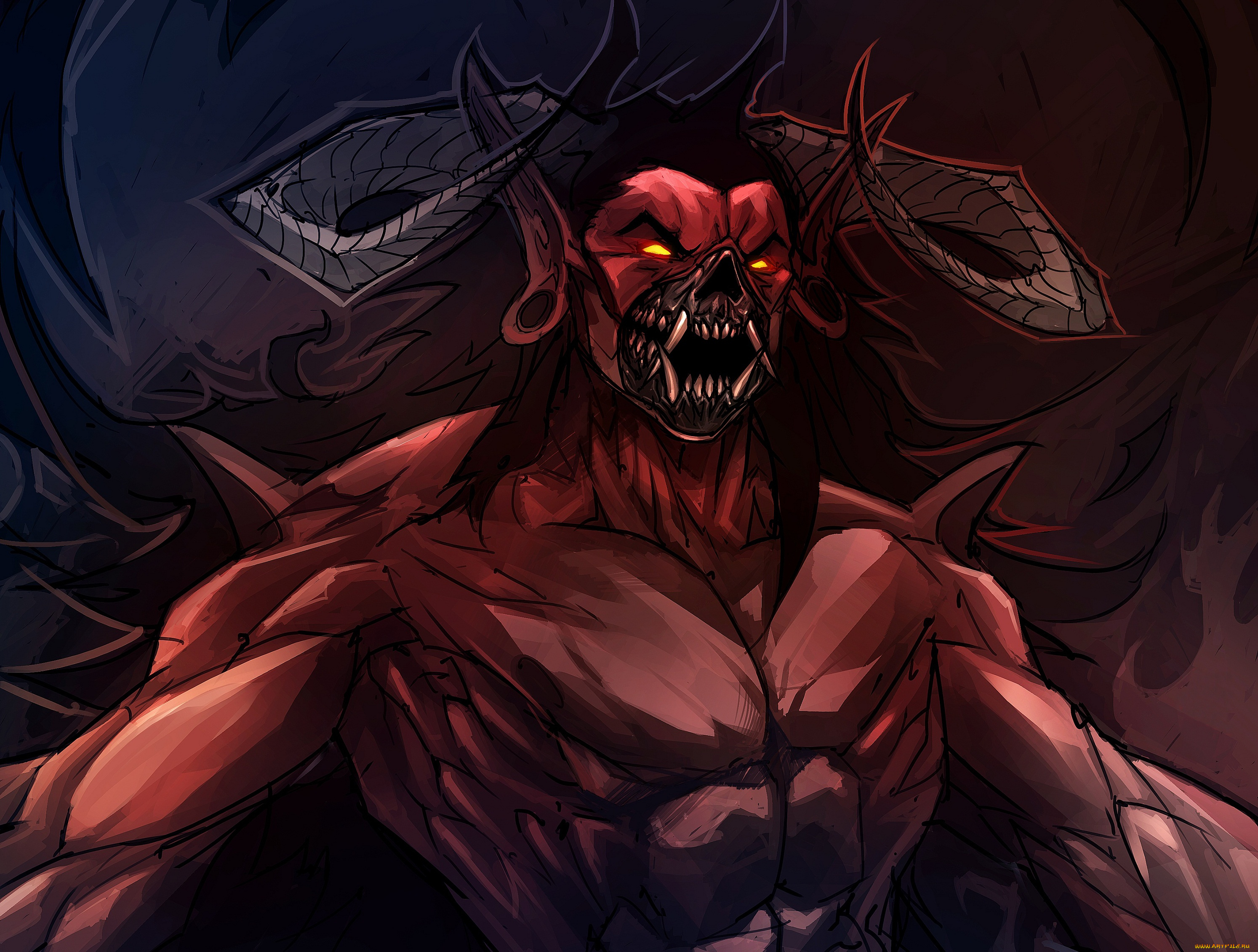 фэнтези, демоны, глаза, клыки, тьма, рога, арт, демон