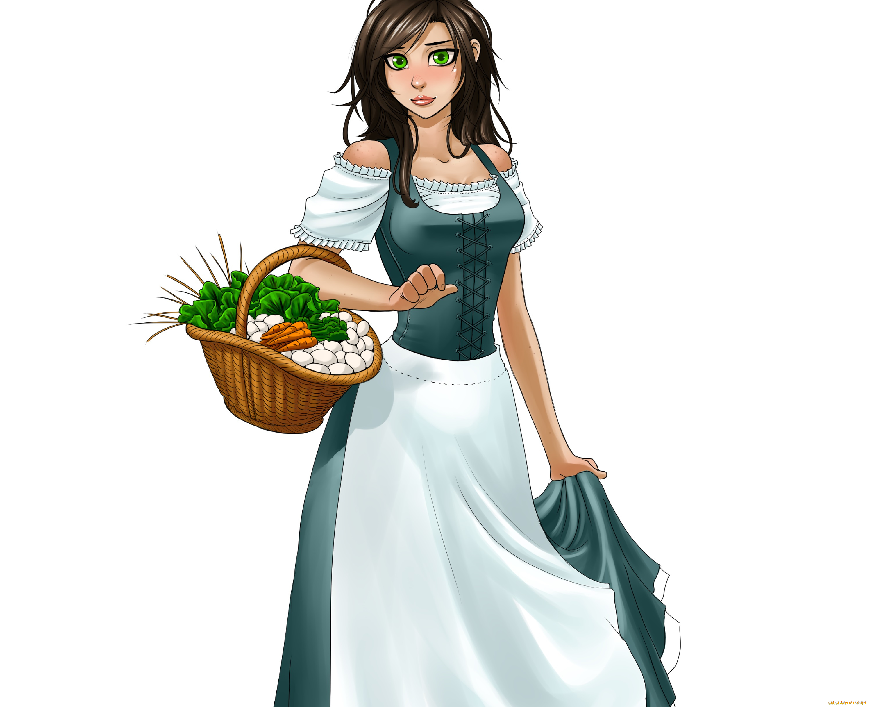 рисованные, люди, морковь, девушка, взгляд, фон, картошка, корзина
