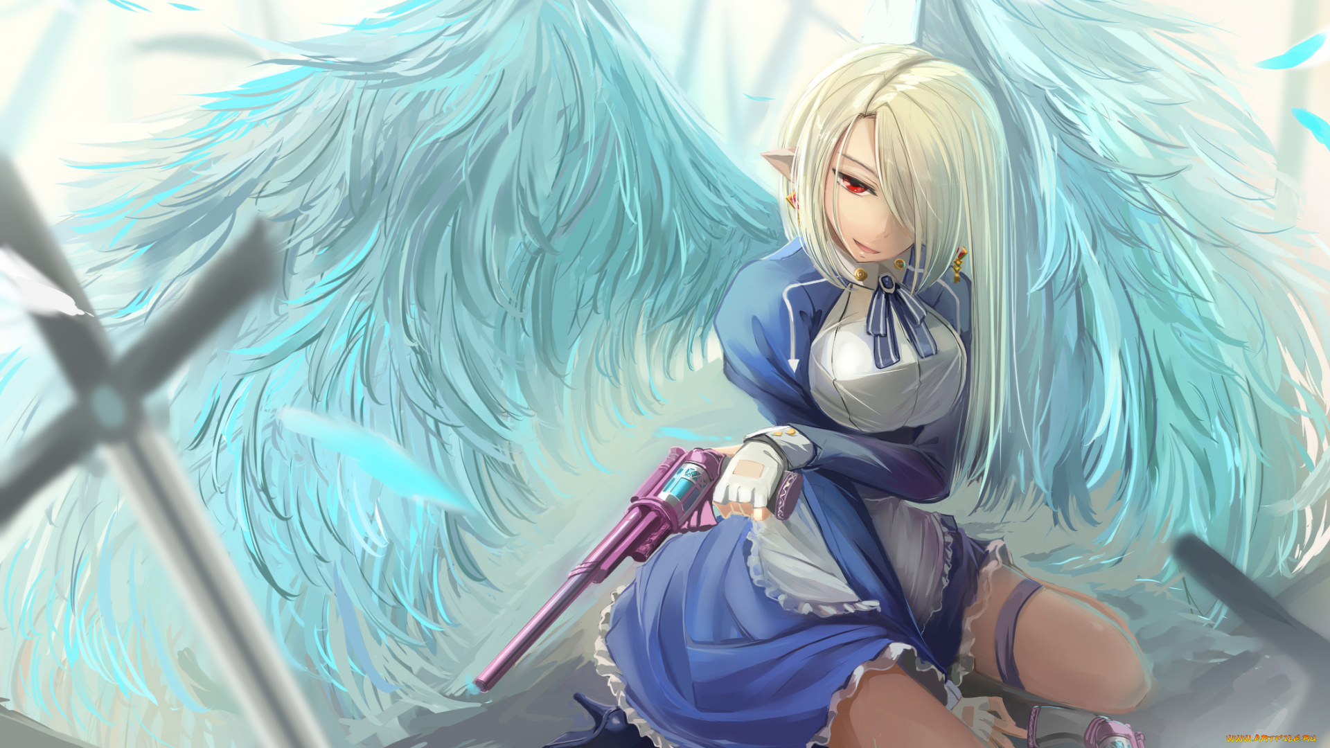 аниме, ангелы, , демоны, девушка, арт, kikivi, ангел, оружие, пистолеты, крылья, улыбка