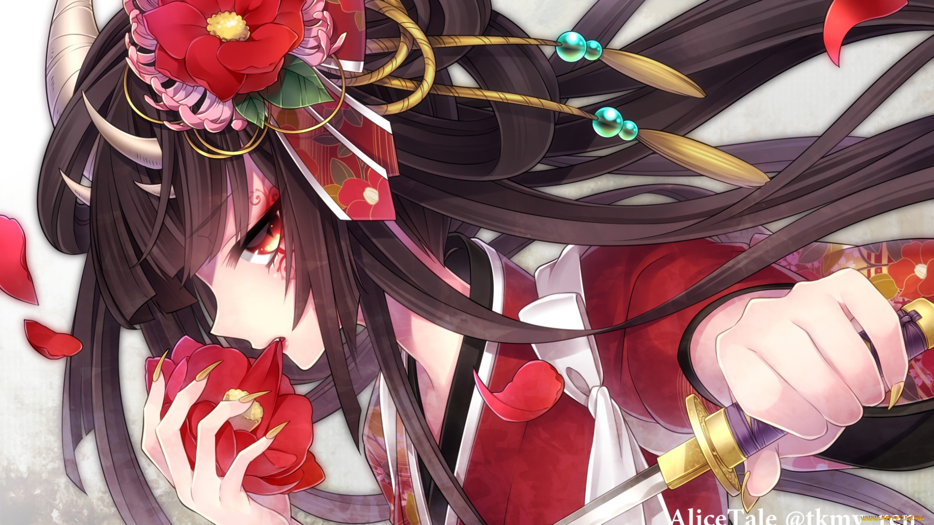 аниме, ангелы, , демоны, оружие, взгляд, демон, девушка, рога, арт, takamiya, ren