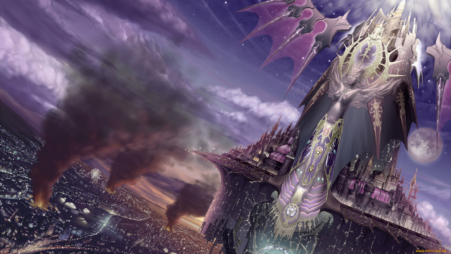 аниме, город, , улицы, , здания, парит, остров, фантастика, небо, арт, popobobo