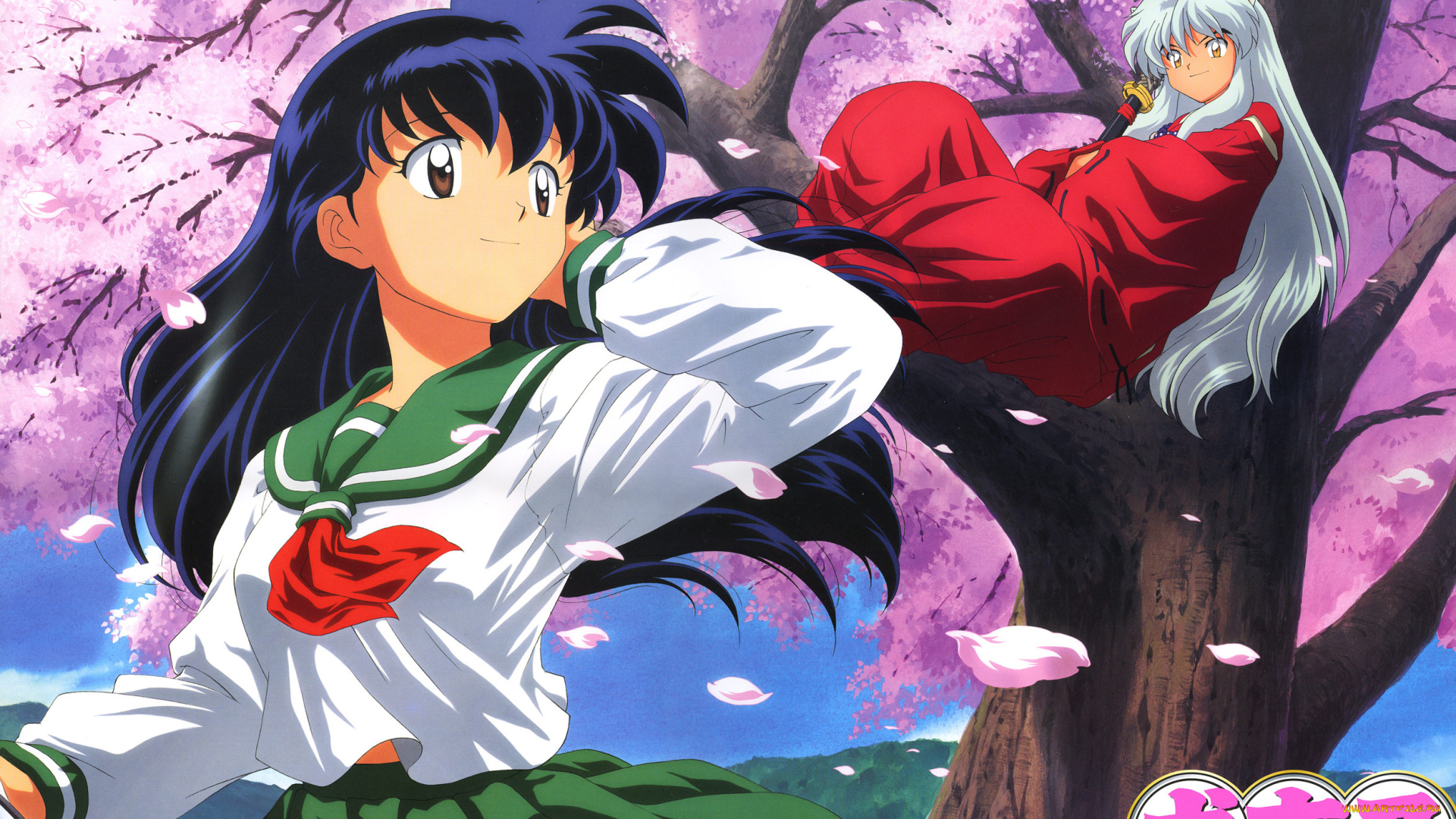 аниме, inuyasha, дерево, весна, кагоме, higurashi, kagome, инуяша