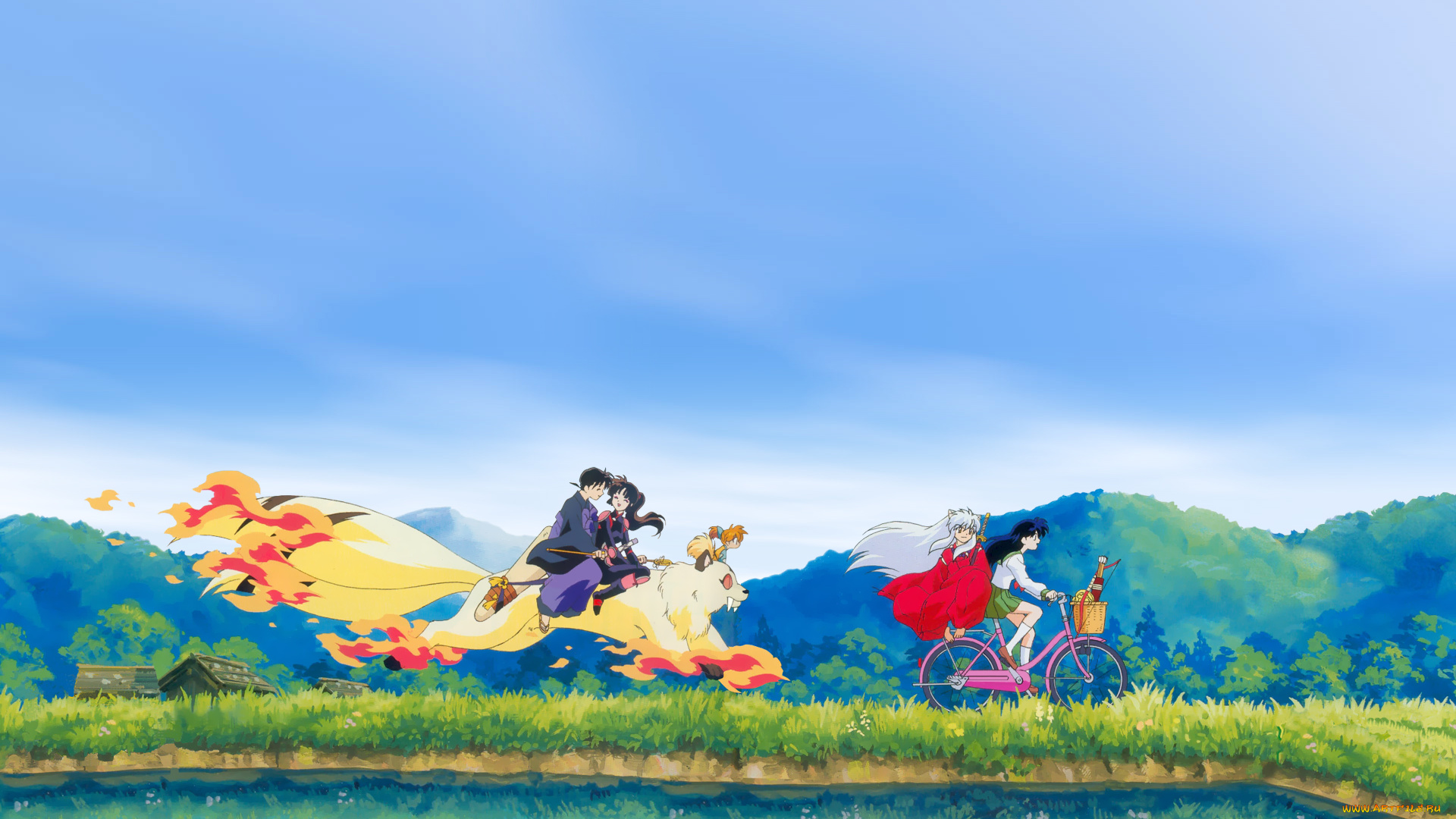 аниме, inuyasha, друзья, takahashi, rumiko, небо, shippou, арт, sango, miroku, kirara, higurashi, kagome