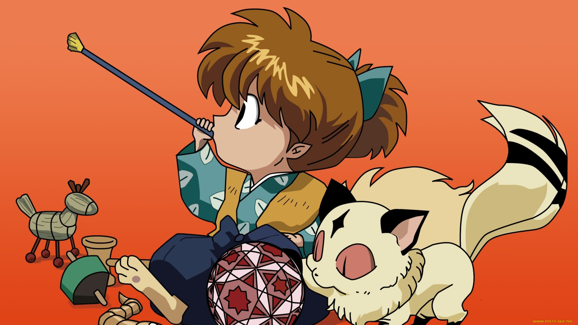 аниме, inuyasha, shippou, kirara, кирара, шиппо, мяч, игрушки, лисёнок