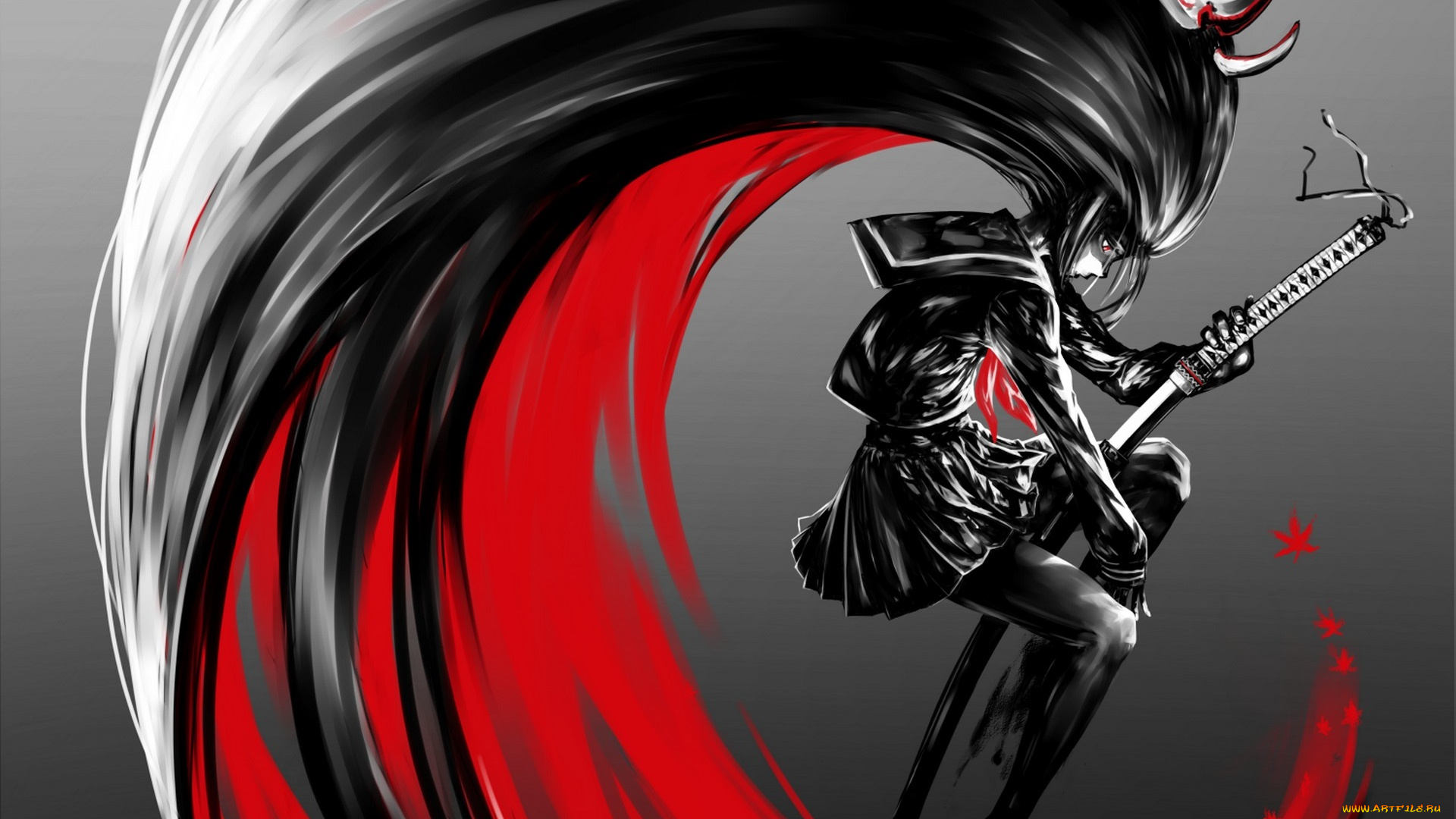 аниме, оружие, , техника, , технологии, катана, девушка, jaco, арт, маска, школьница, волосы, форма