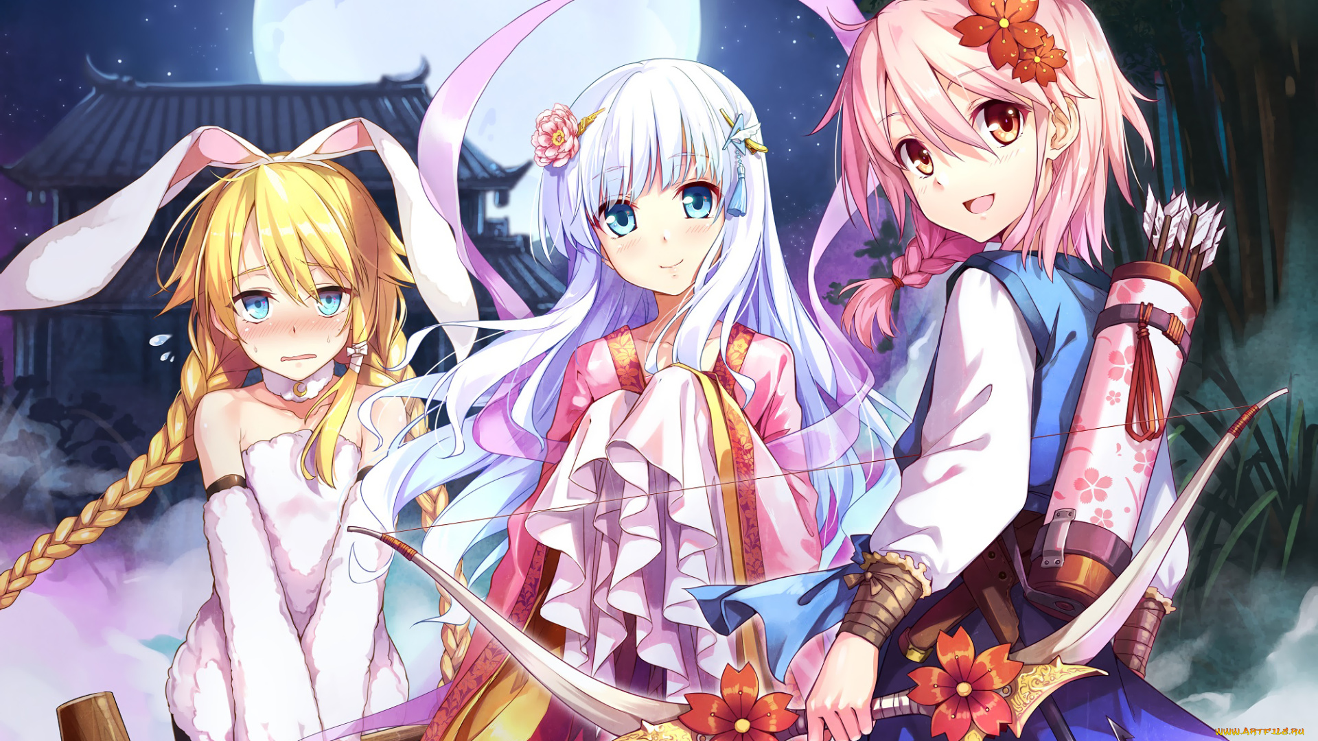 аниме, оружие, , техника, , технологии, луна, ночь, magi, in, wanchin, basilica, лук, стрелы, девочки, арт, hika, cross-angel