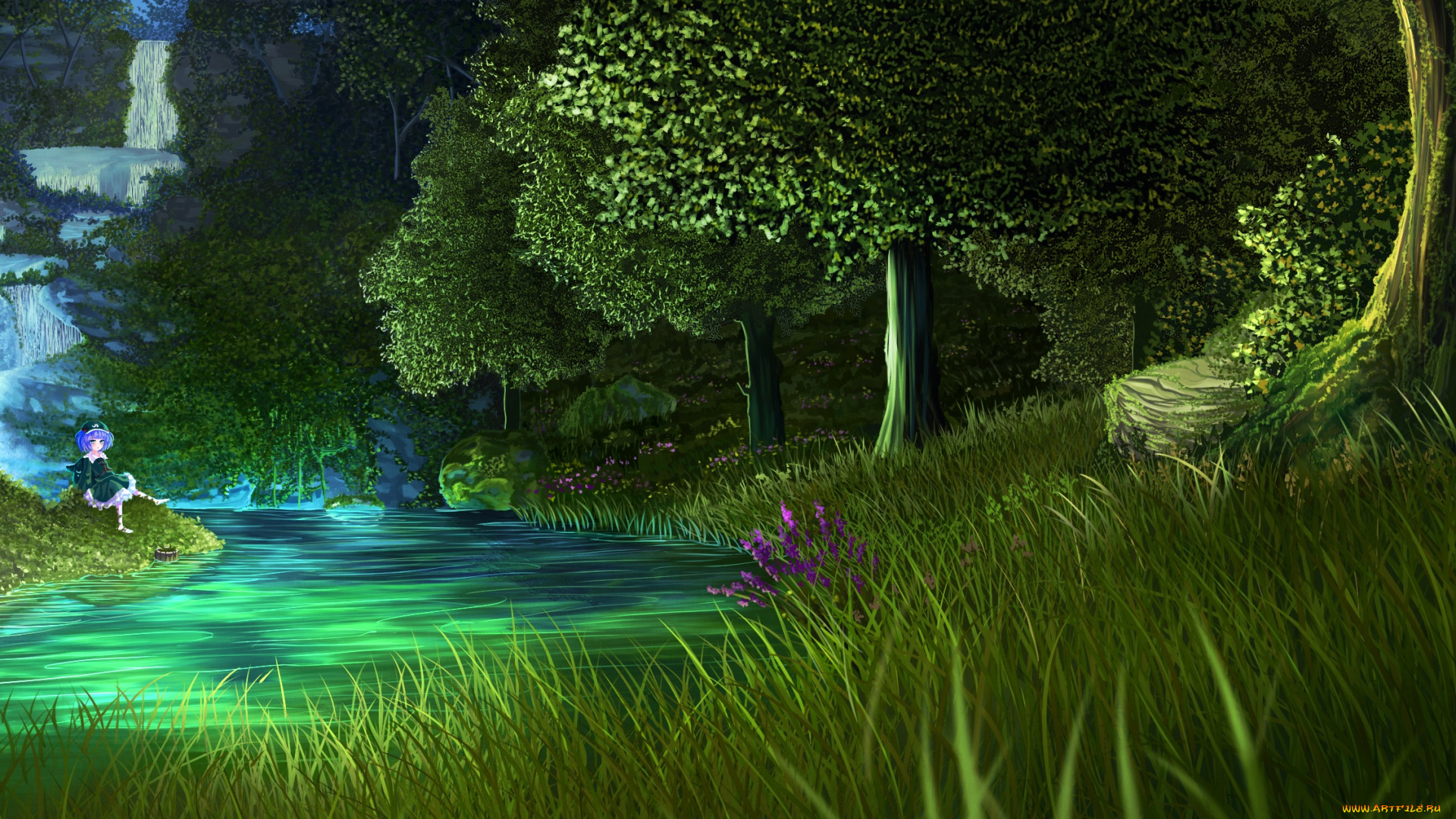 аниме, touhou, kawashiro, nitori, девочка, цветы, водопад, деревья, трава, ирисы, пейзаж, река, арт, лес
