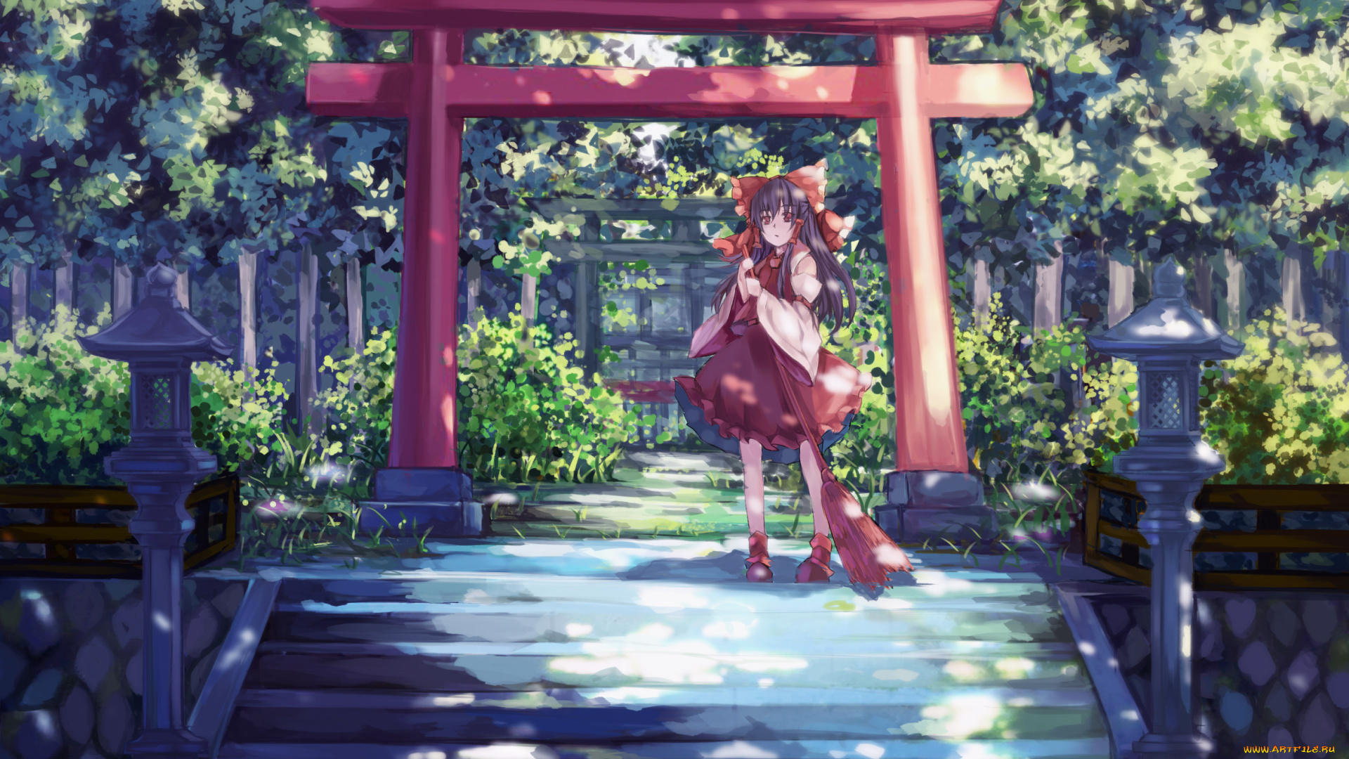 аниме, touhou, метла, девочка, лестница, dead, line, hakurei, reimu