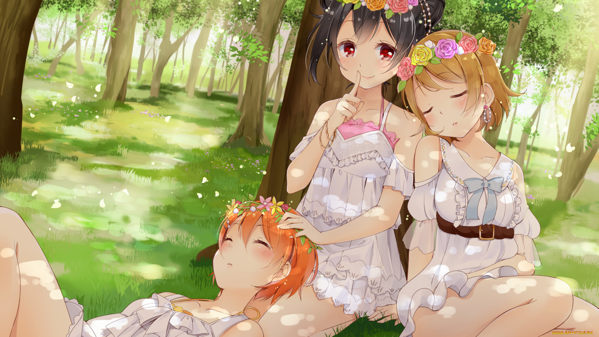 аниме, unknown, , другое, девушки, взгляд, фон, лес, лето, отдых