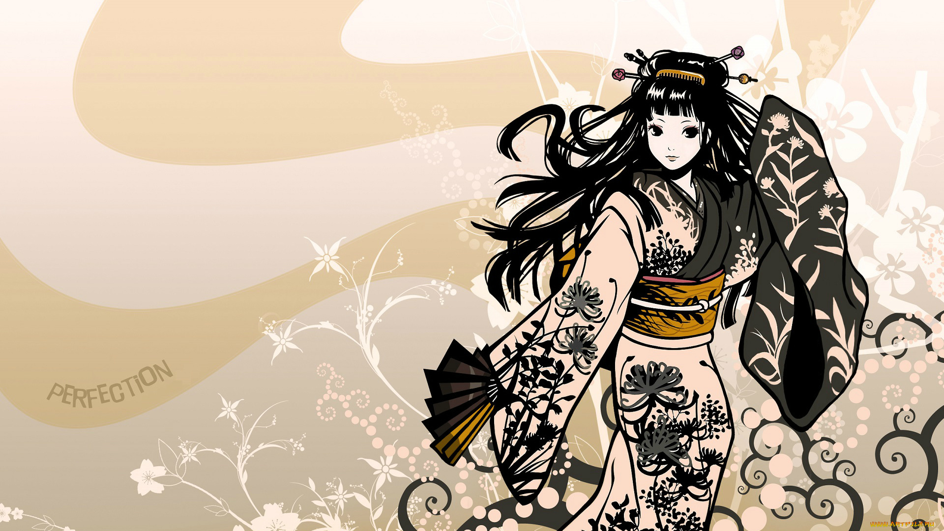 аниме, unknown, , другое, eri, kamijou, кимоно, танец, девочка, art, веер, узор