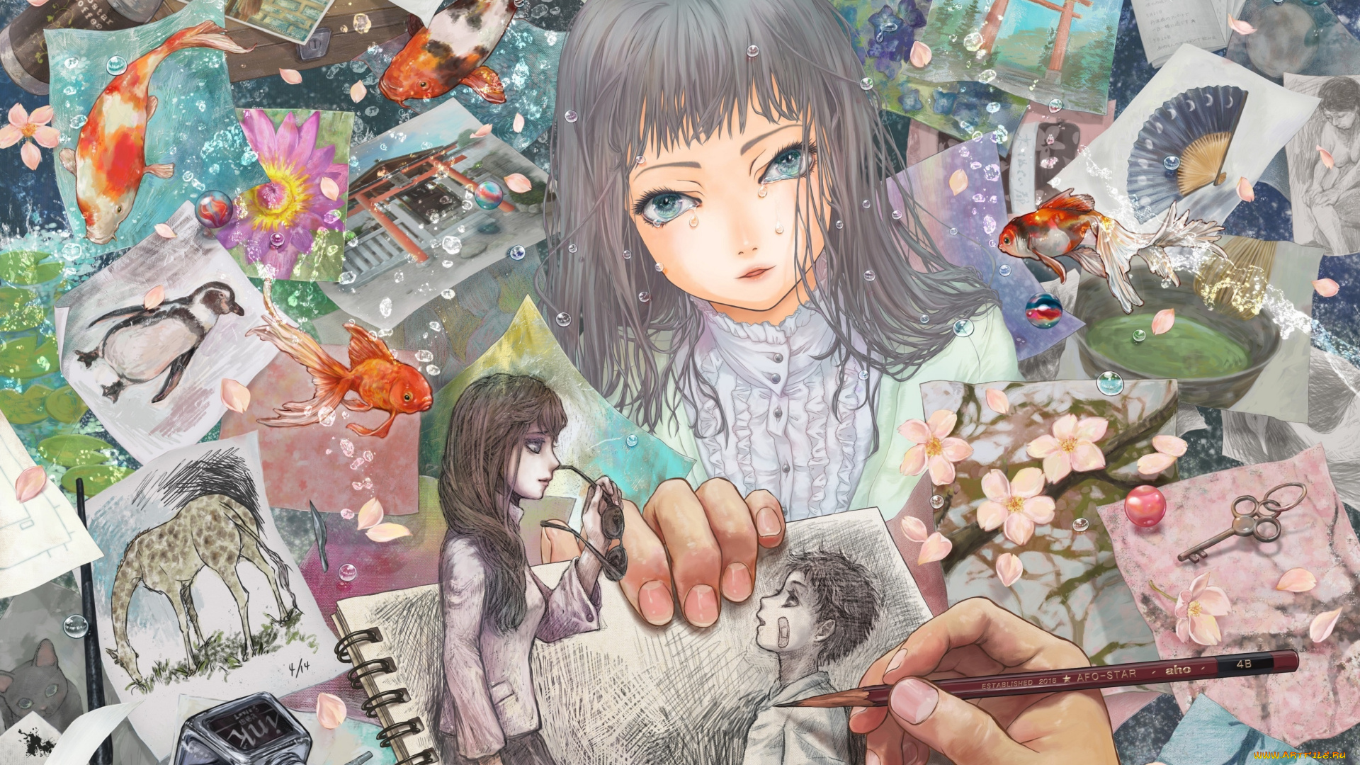 аниме, unknown, , другое, капли, рисунки, девочка, арт, afrostar, карандаш, рука, рыбы