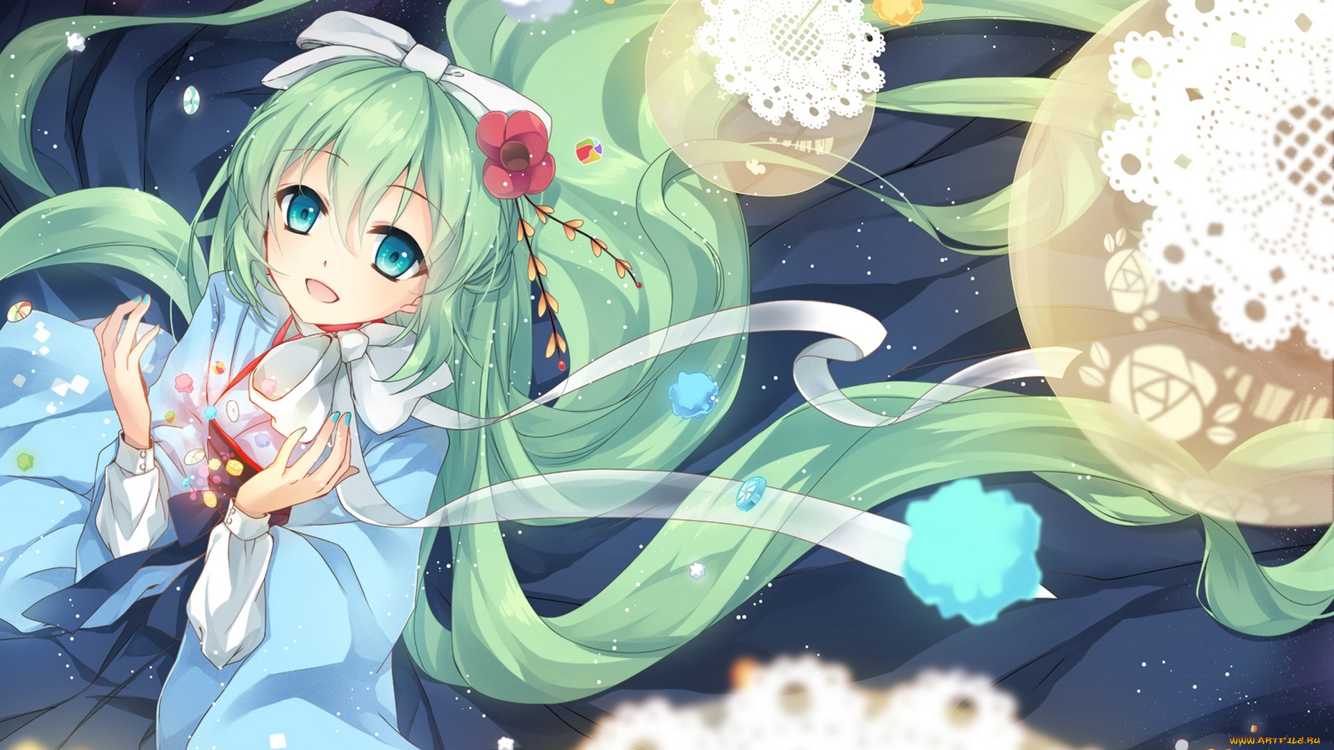 аниме, vocaloid, ceru, кимоно, улыбка, девушка, арт, hatsune, miku