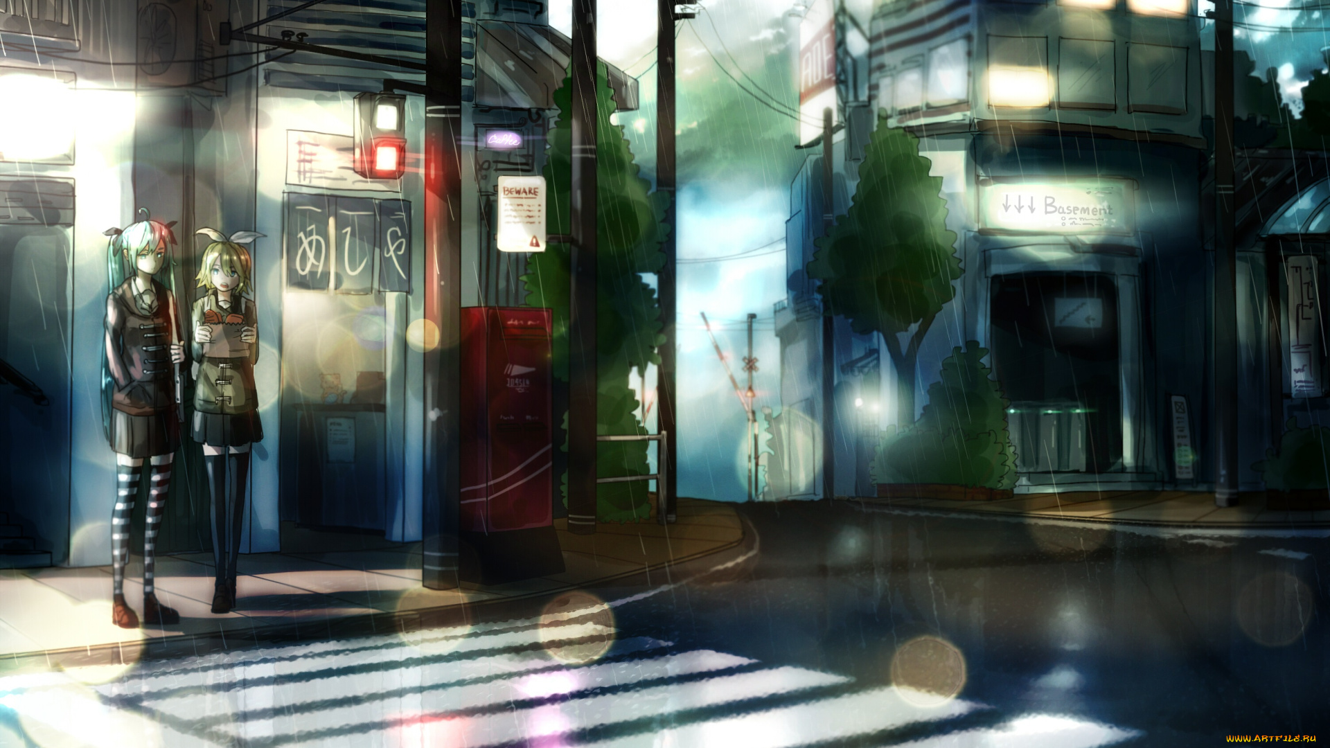 аниме, vocaloid, город, suppakarn, prakobkij, soompook2122, девушки, дождь, kagamine, rin, hatsune, miku