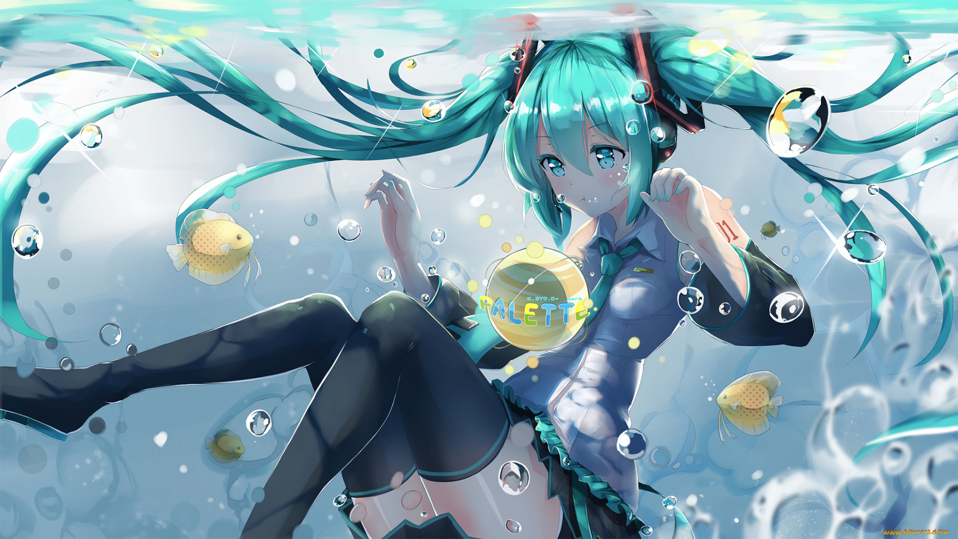 аниме, vocaloid, hatsune, miku, kuroi, asahi, арт, рыбки, вода, девушка, пузырьки