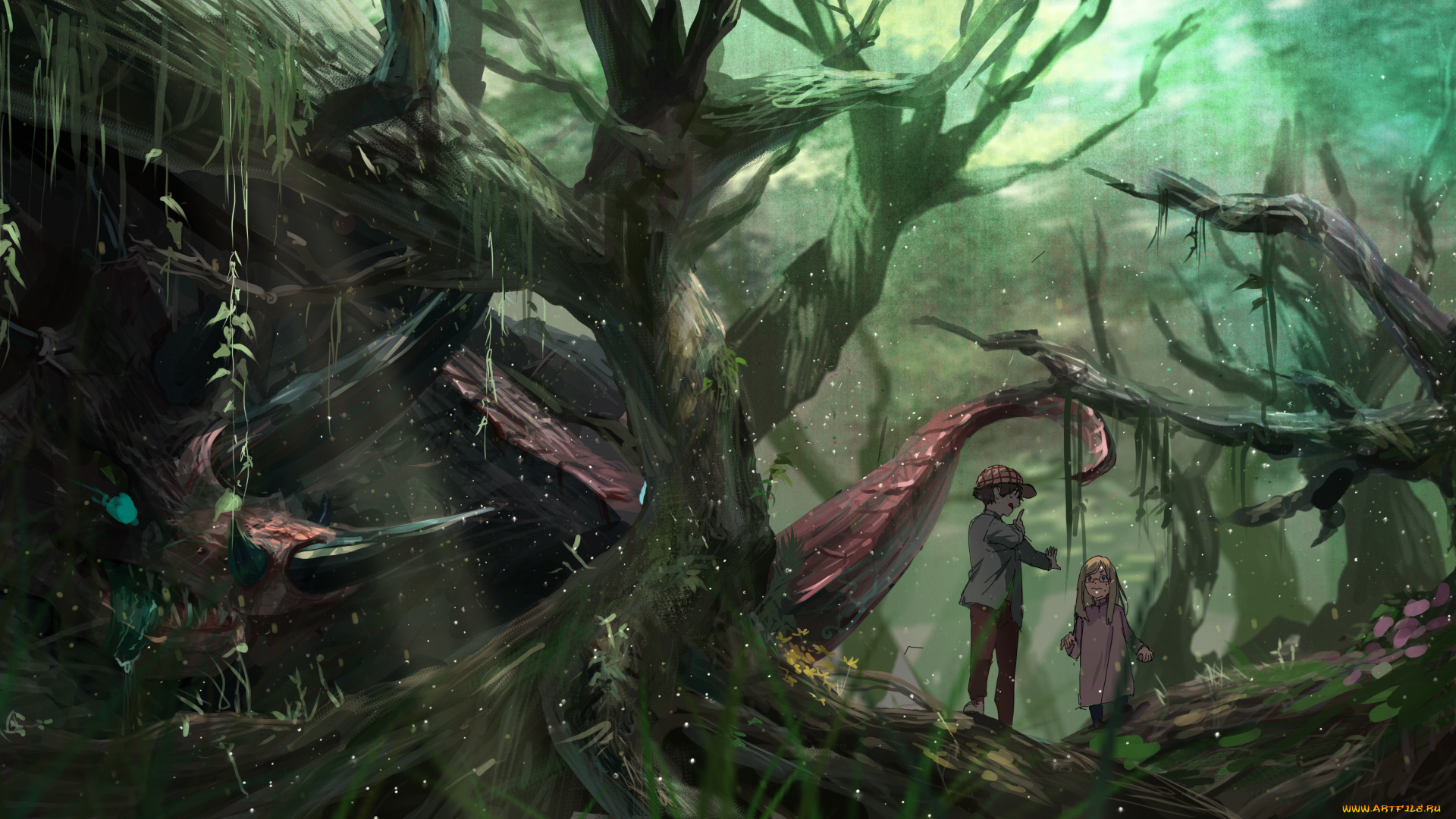 аниме, животные, , существа, арт, syo5, мальчик, девочка, дети, лес, деревья, монстр, природа