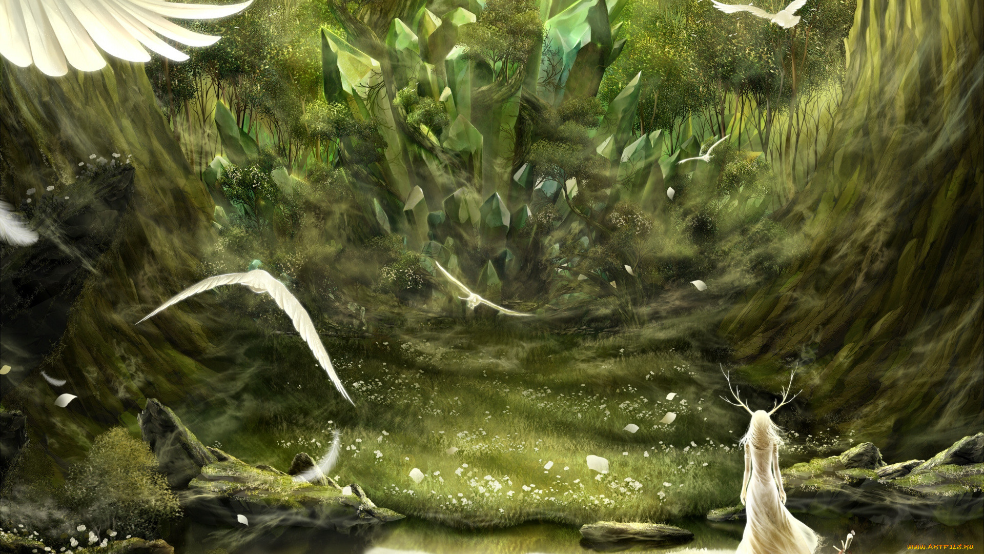 аниме, животные, , существа, bouno, satoshi, девушка, арт, камни, кристаллы, лес, рога, птицы