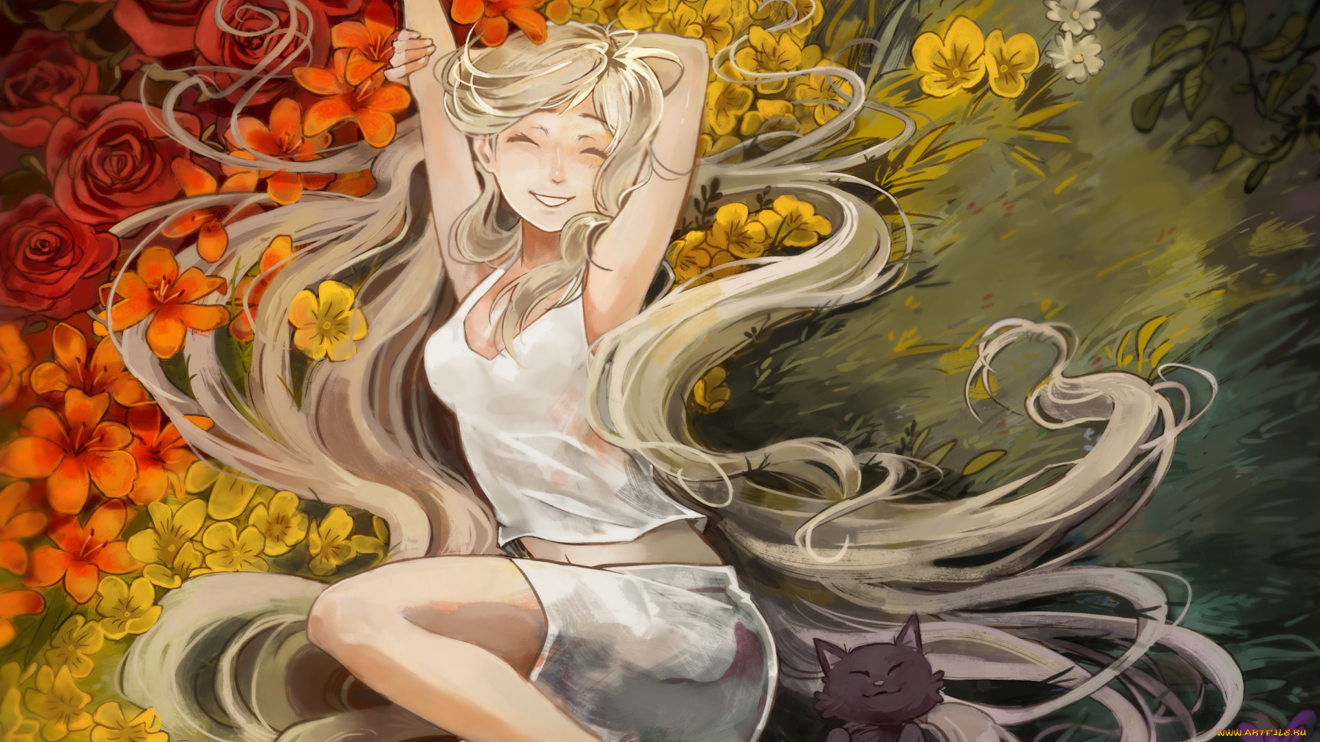 аниме, животные, , существа, поляна, кот, девочка, picolo-kun, настроение, лето, цветы