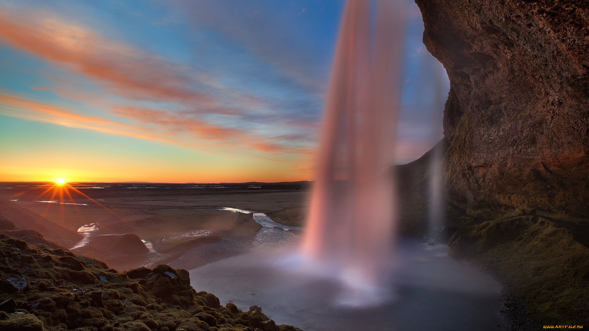 природа, водопады, горы, рассвет, утро, водопад, панорама