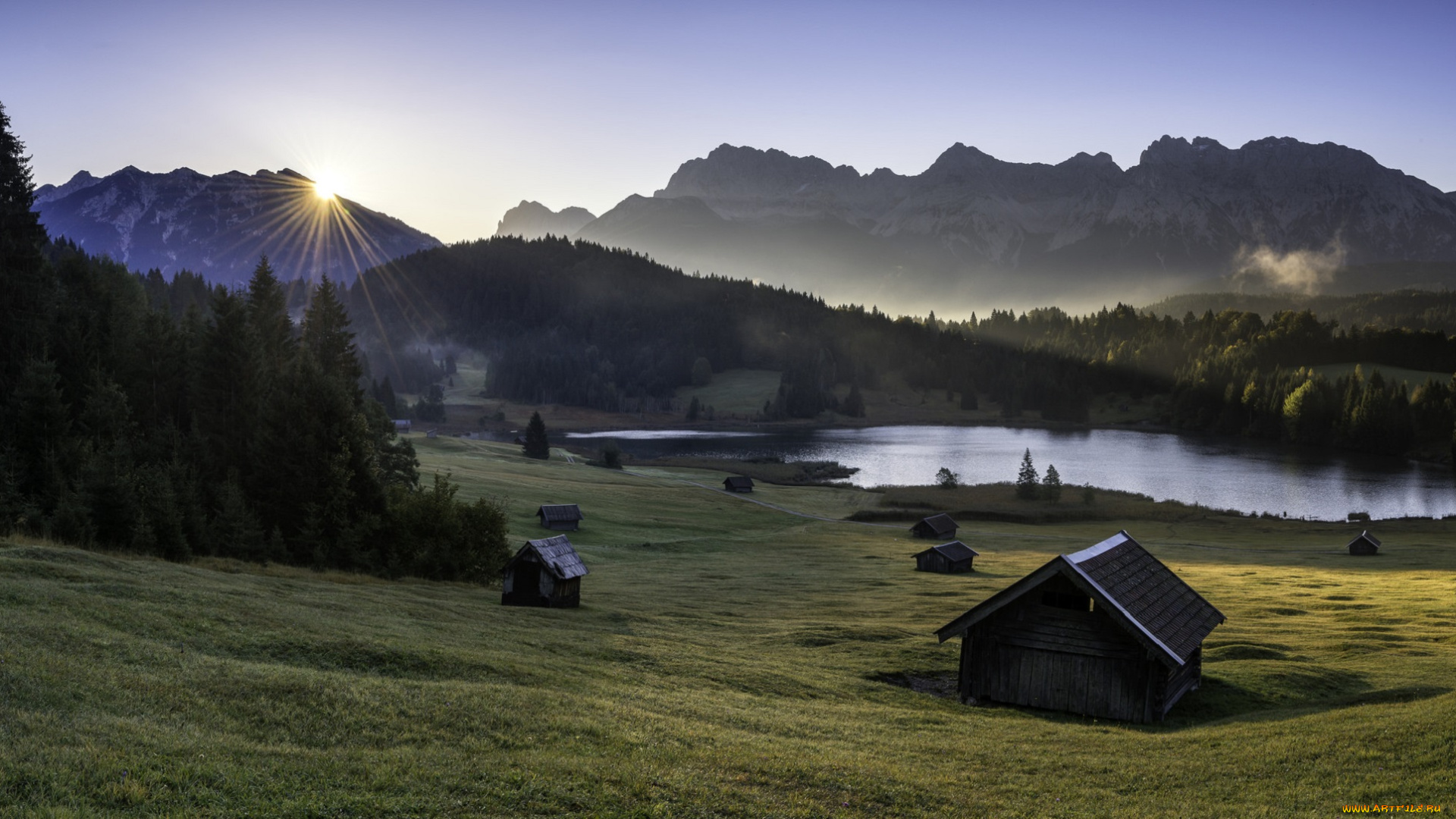 природа, восходы, закаты, восход, утро, домики, горы, озеро, пейзаж