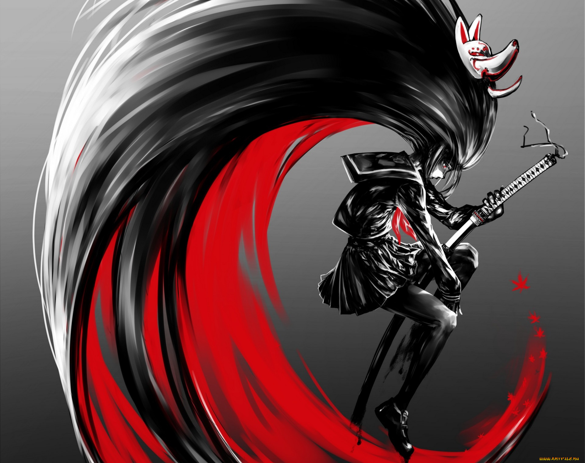 аниме, оружие, , техника, , технологии, катана, девушка, jaco, арт, маска, школьница, волосы, форма