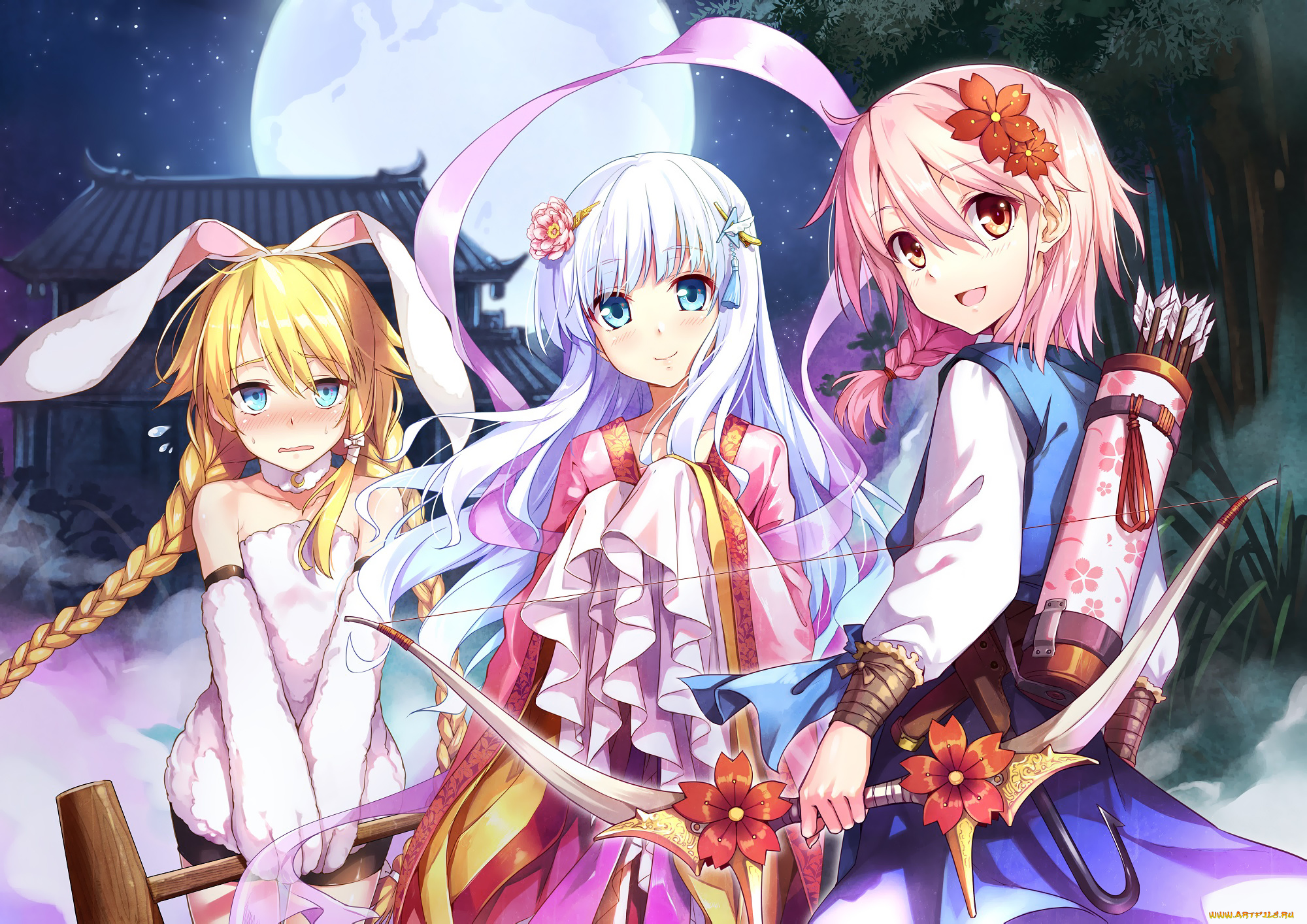 аниме, оружие, , техника, , технологии, луна, ночь, magi, in, wanchin, basilica, лук, стрелы, девочки, арт, hika, cross-angel