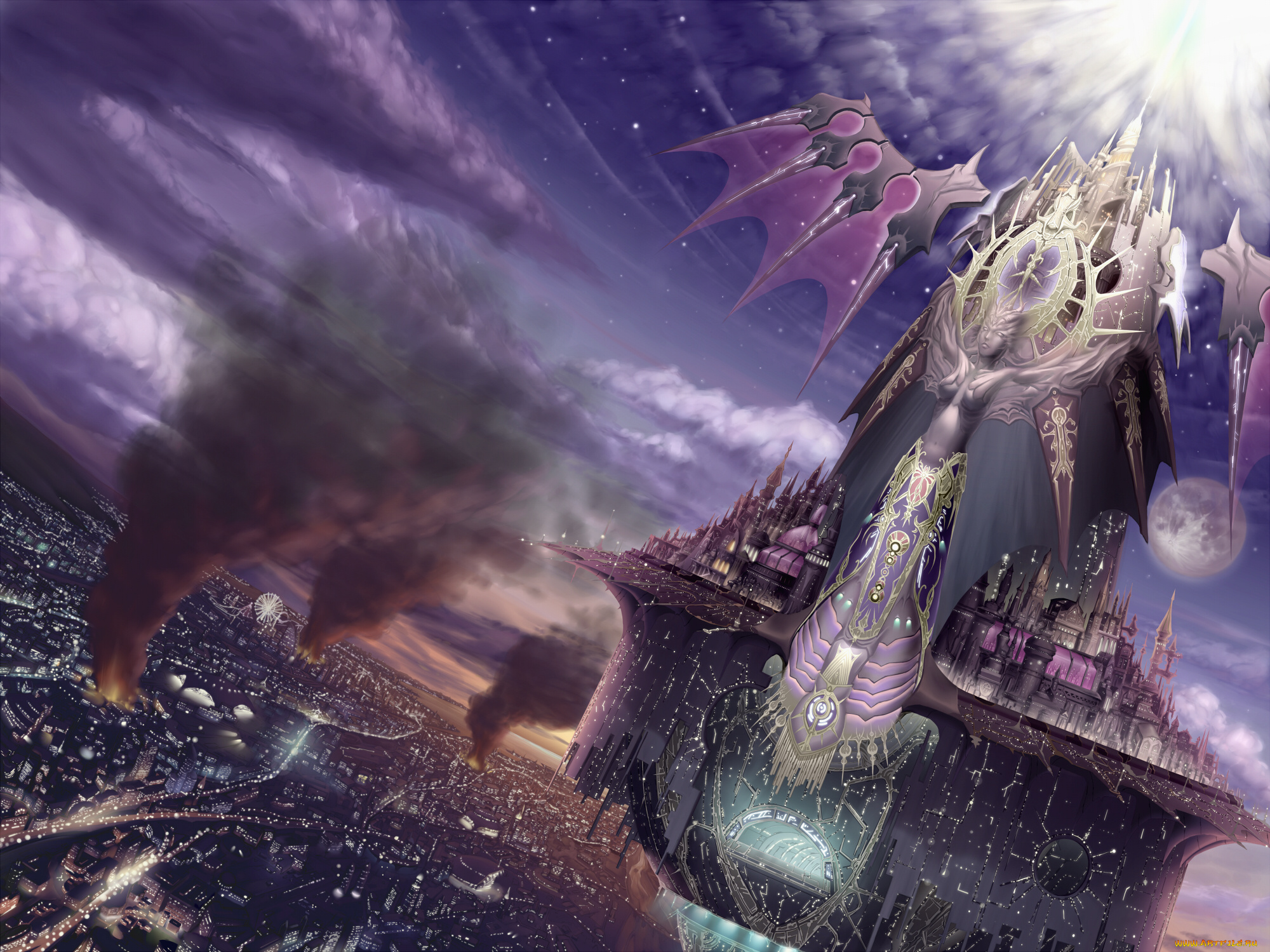 аниме, город, , улицы, , здания, парит, остров, фантастика, небо, арт, popobobo