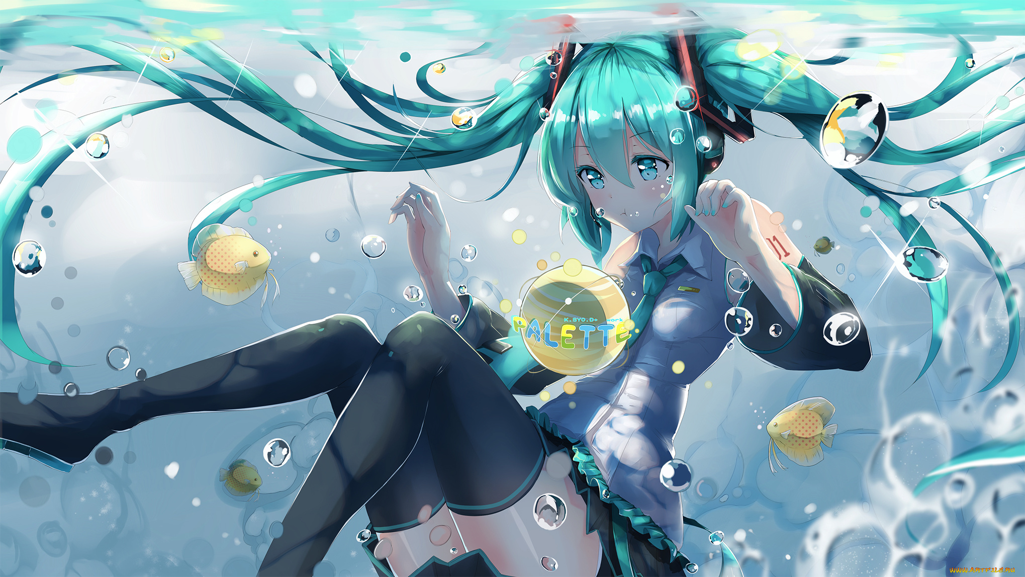 аниме, vocaloid, hatsune, miku, kuroi, asahi, арт, рыбки, вода, девушка, пузырьки