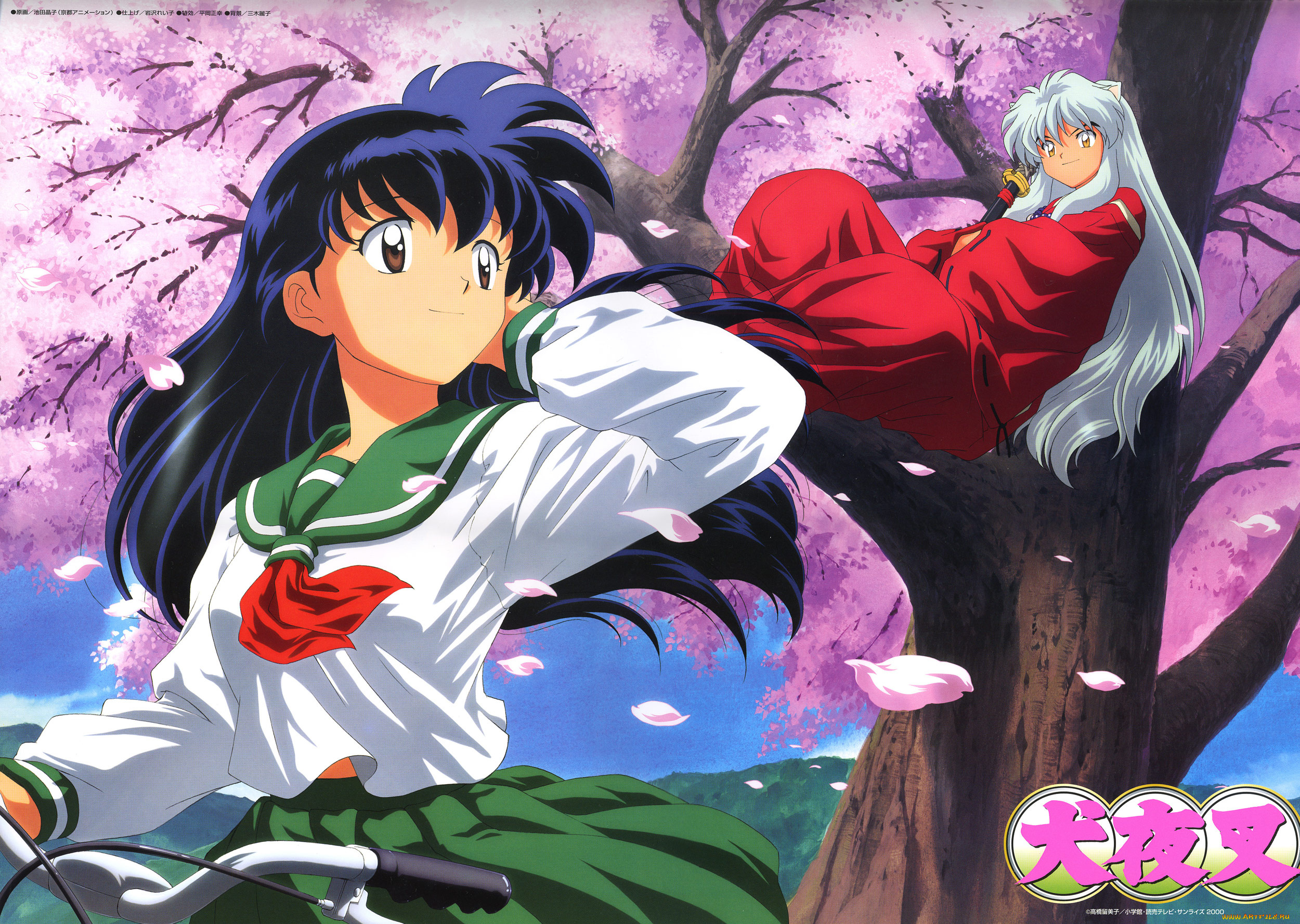 аниме, inuyasha, дерево, весна, кагоме, higurashi, kagome, инуяша
