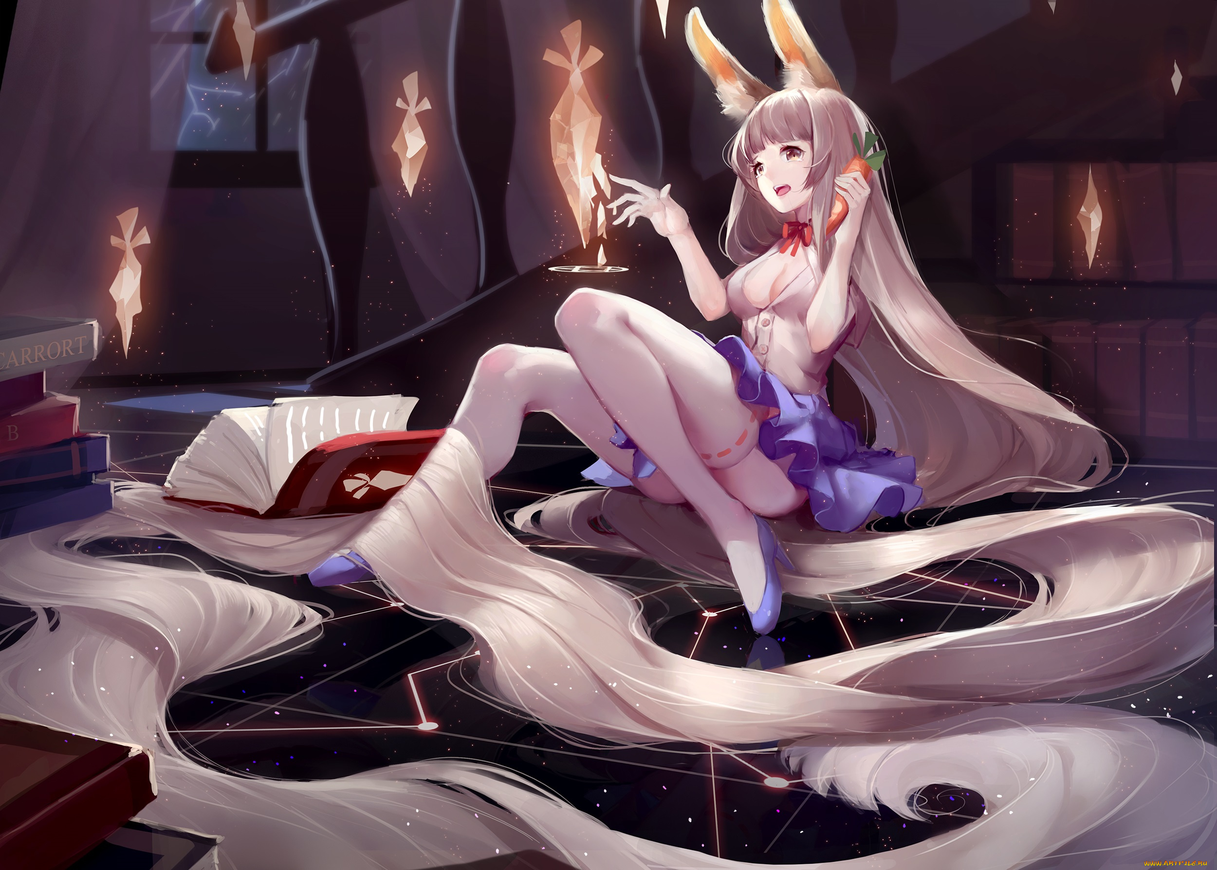 аниме, животные, , существа, арт, девушка, волосы, морковка, кролик, ушки, книга, магия, crimson, k, night