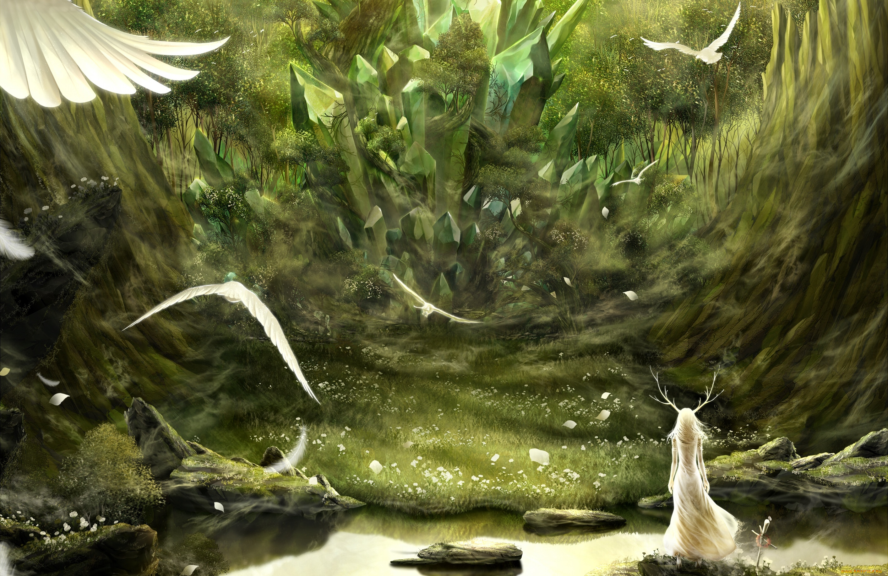 аниме, животные, , существа, bouno, satoshi, девушка, арт, камни, кристаллы, лес, рога, птицы