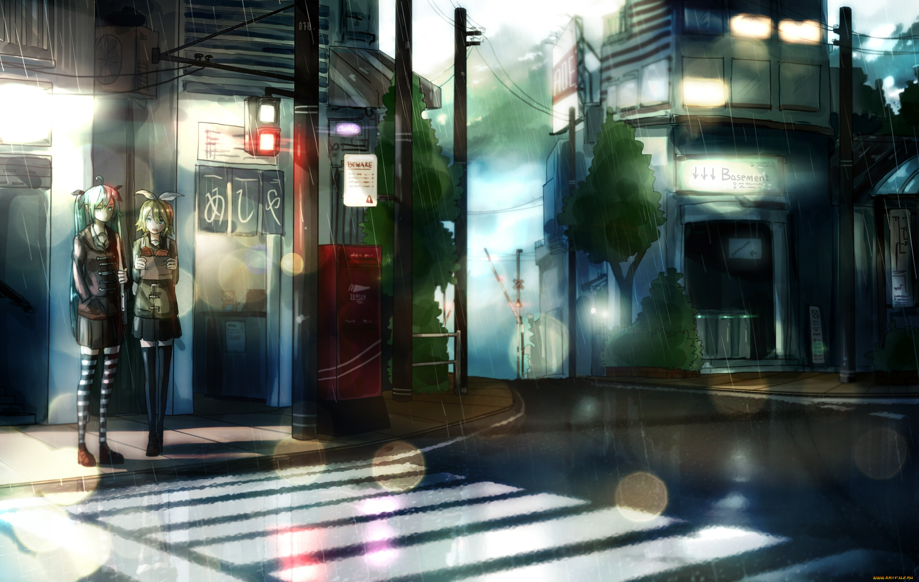 аниме, vocaloid, город, suppakarn, prakobkij, soompook2122, девушки, дождь, kagamine, rin, hatsune, miku