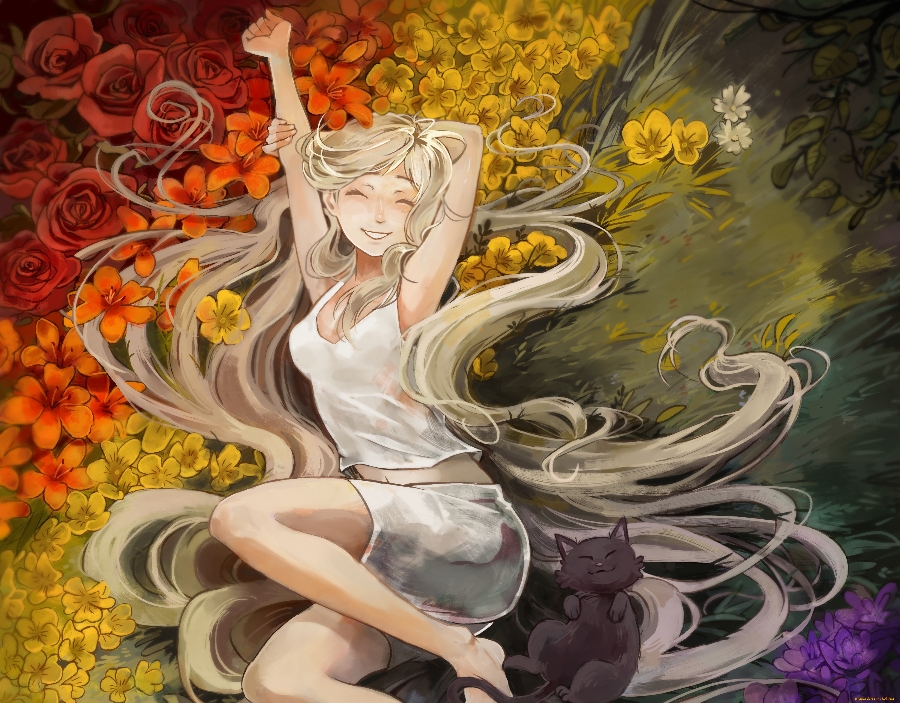 аниме, животные, , существа, поляна, кот, девочка, picolo-kun, настроение, лето, цветы