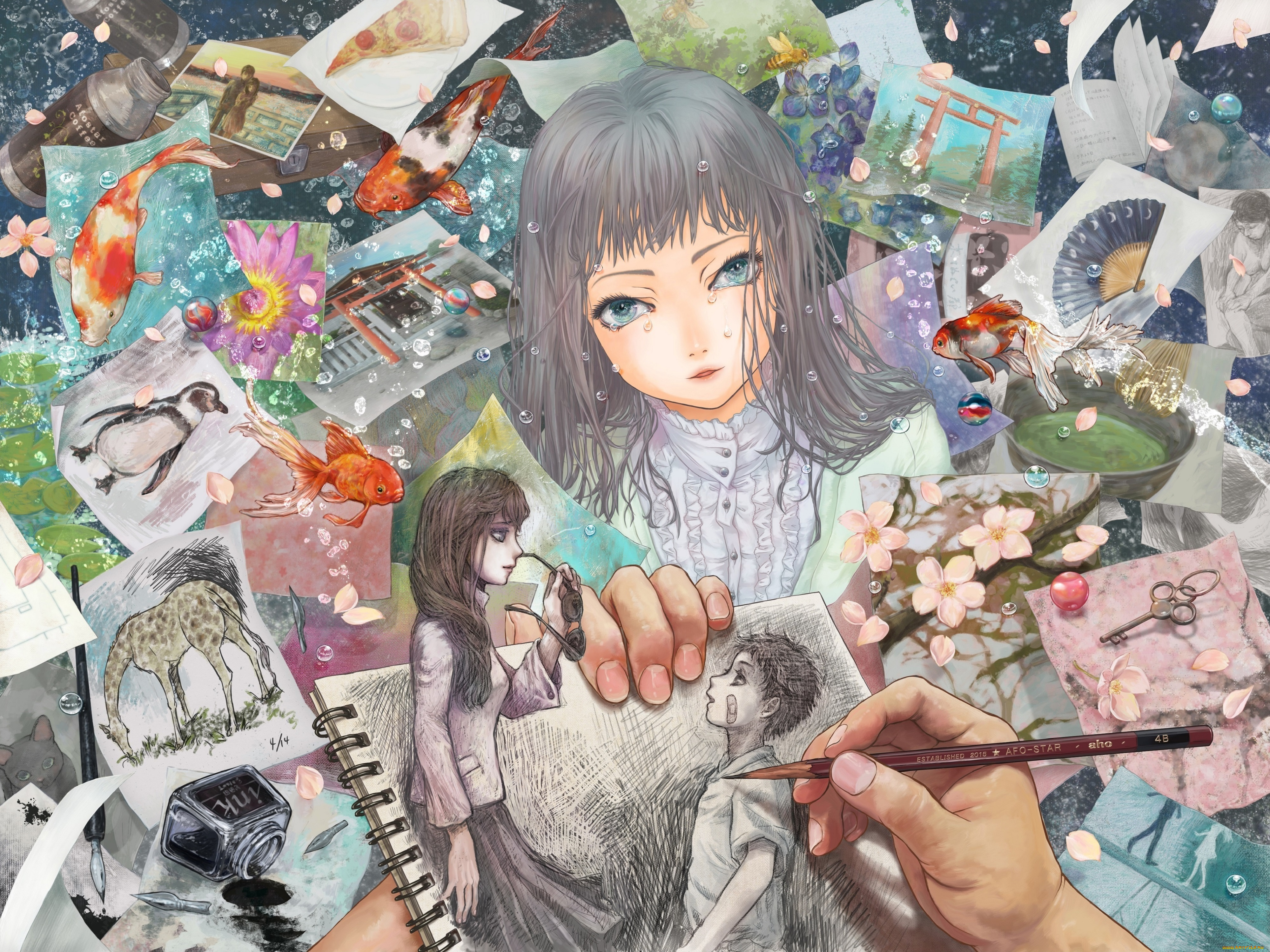 аниме, unknown, , другое, капли, рисунки, девочка, арт, afrostar, карандаш, рука, рыбы