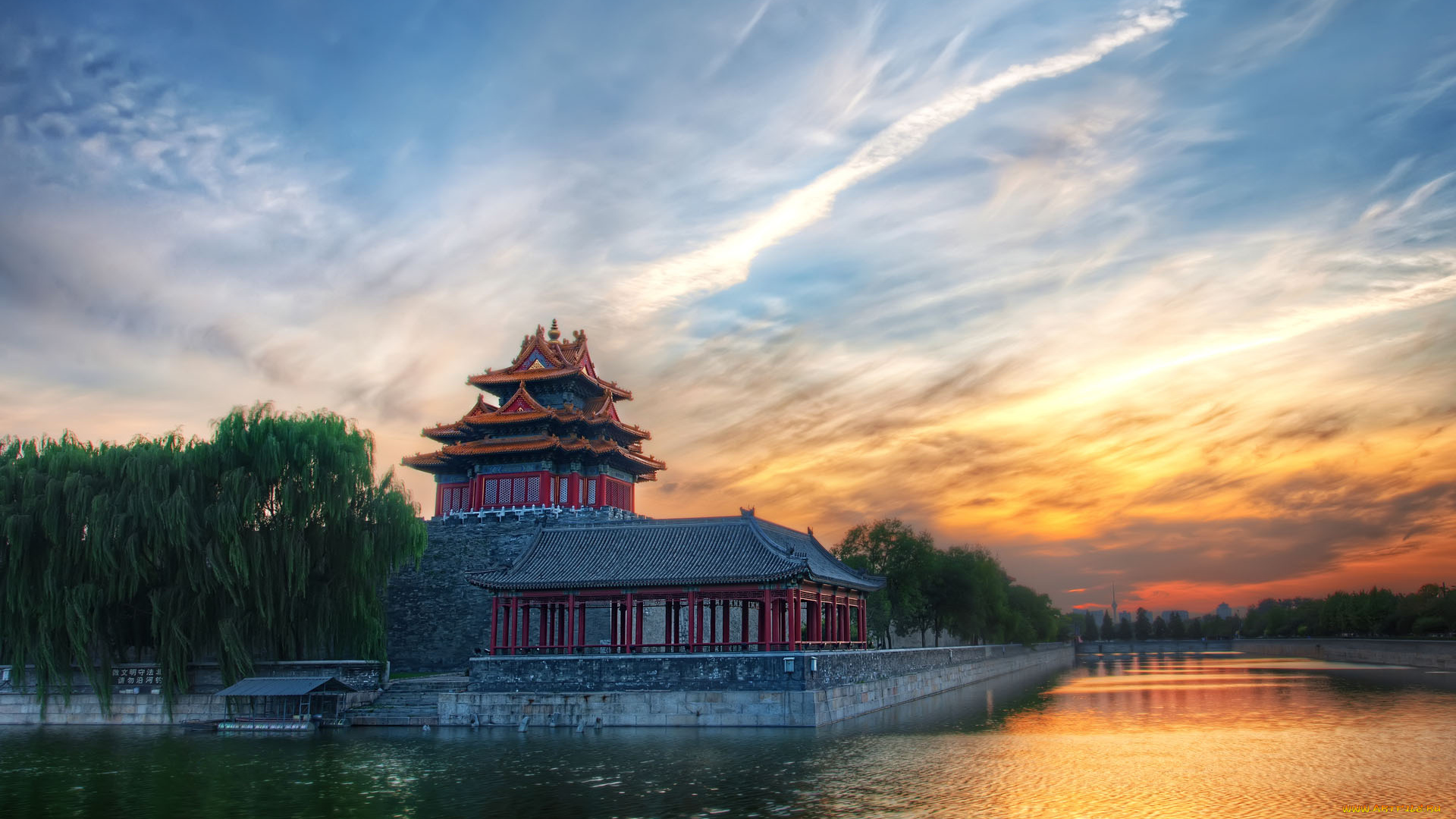 3д, графика, архитектура, , architecture, деревья, закат, пагода, река
