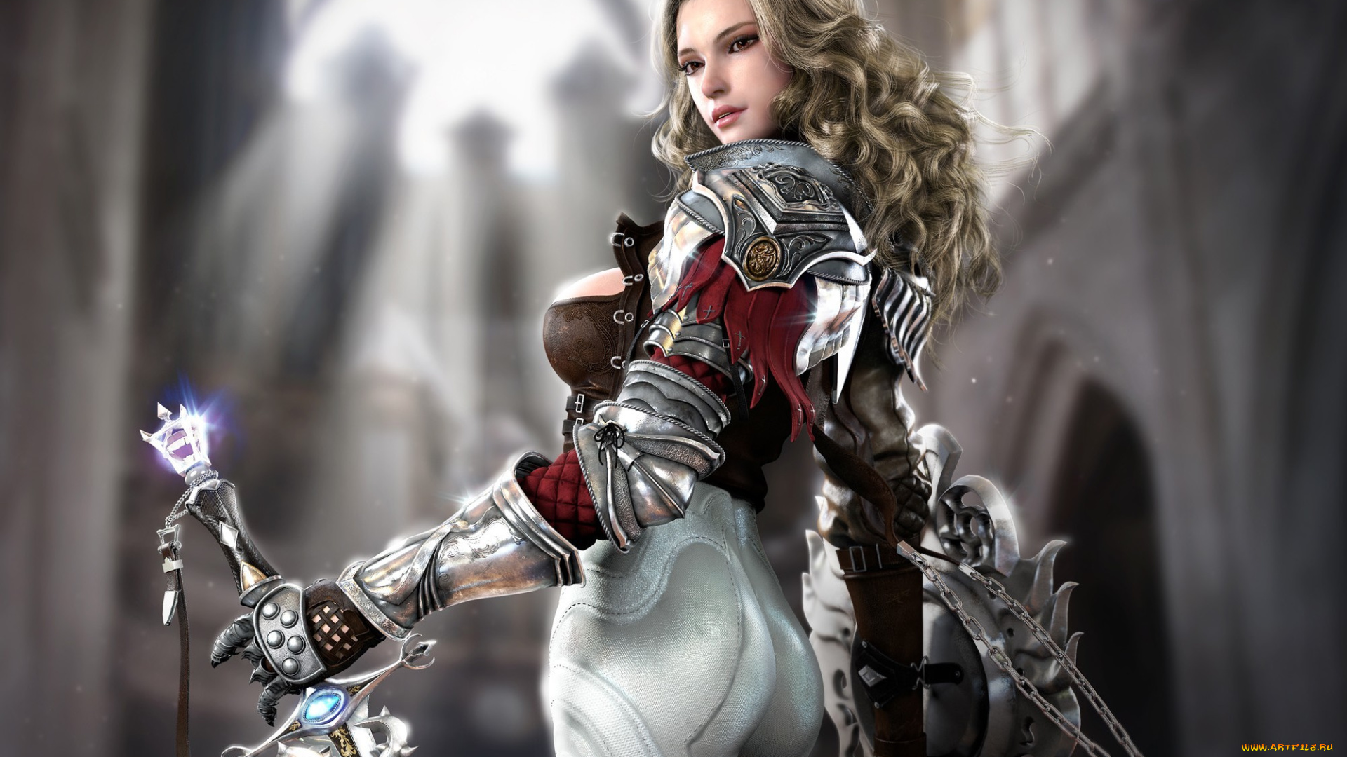 3д, графика, фантазия, , fantasy, щит, меч, девушка, латы, воительница