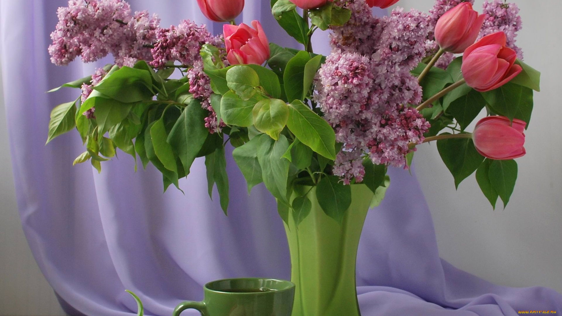 цветы, букеты, , композиции, весна, тюльпаны, чашка, ваза, натюрморт, сирень